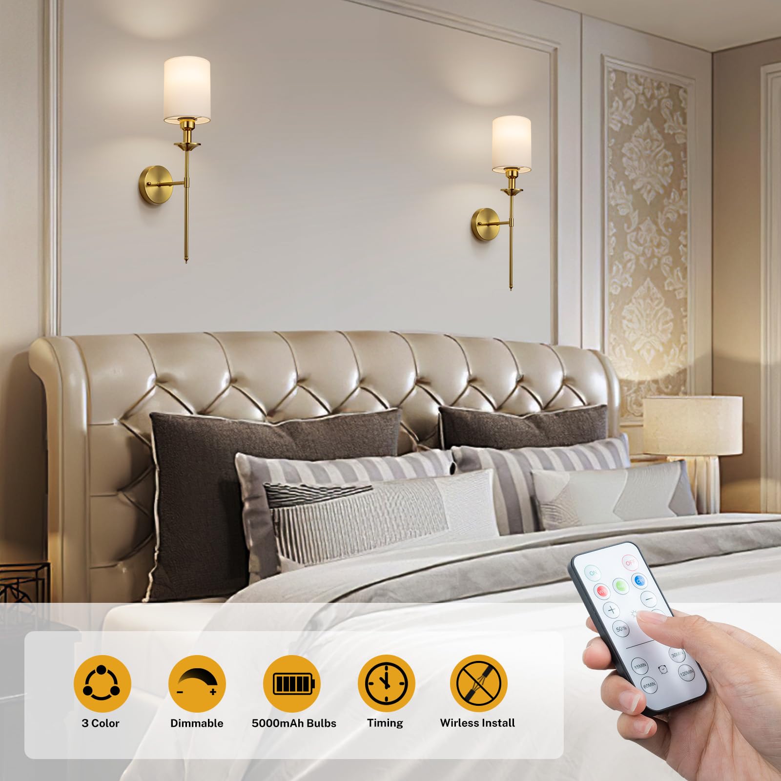 NookNova Battery Operated Wall Sconce Set of 2, Rechargeable Fabric Wall Lights, 5000mAh, Gold
