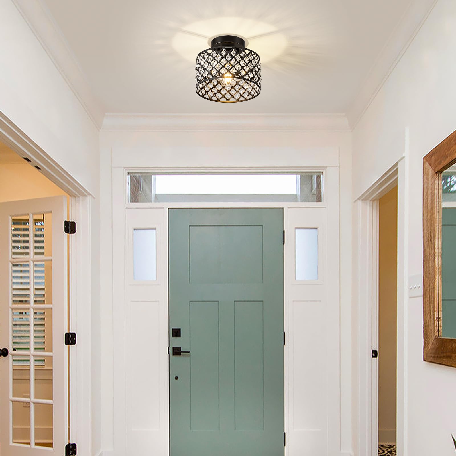 BZVESR Black Crystal Ceiling Light Fixture, Modern Semi Flush Mount Chandelier, 9 inch, 1 Light, for Hallway, Kitchen, Bedroom