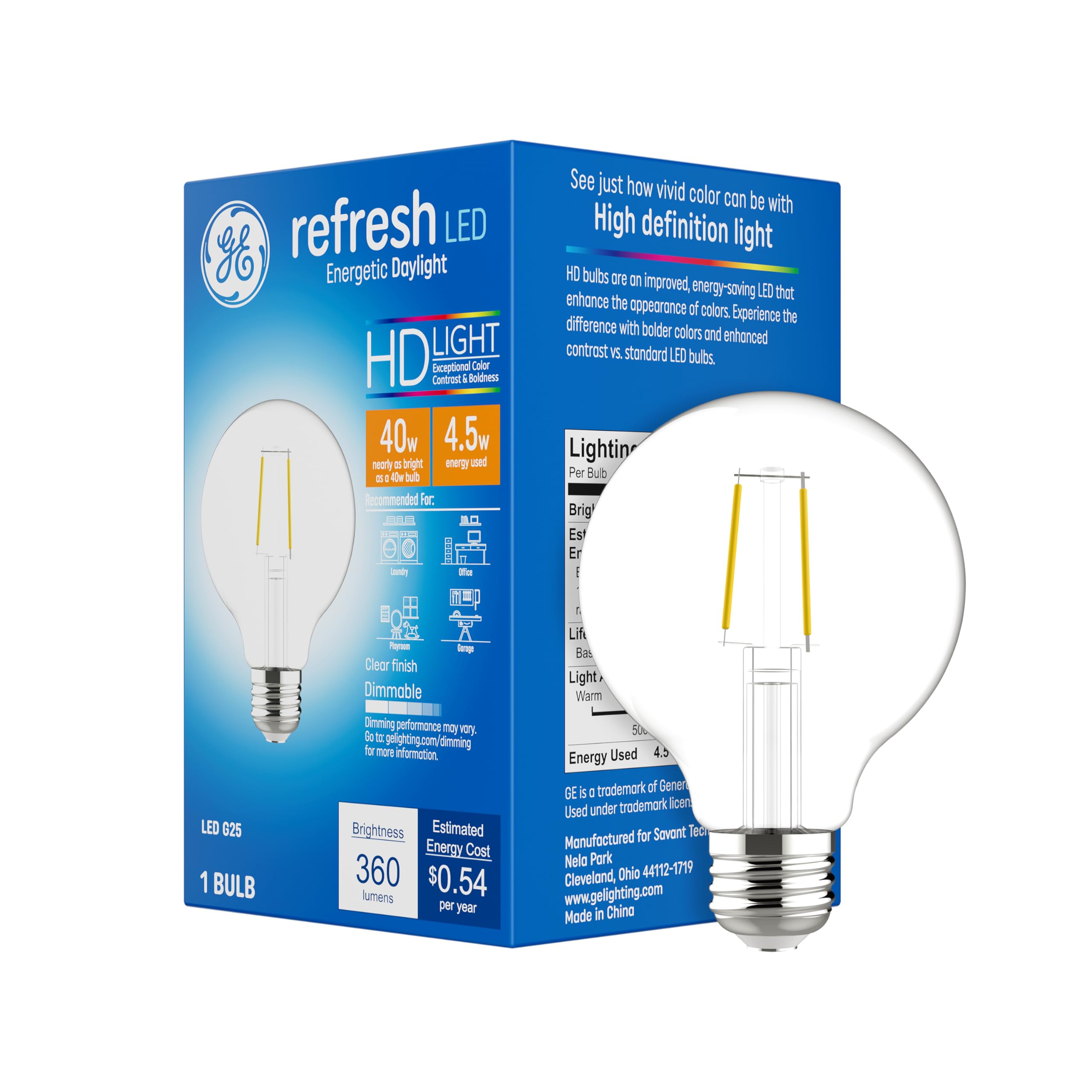 Ge Refresh Led Light Bulb, 40 Watt, Daylight, G25 Globe Bulb, Clear, Medium Base (1 Pack)