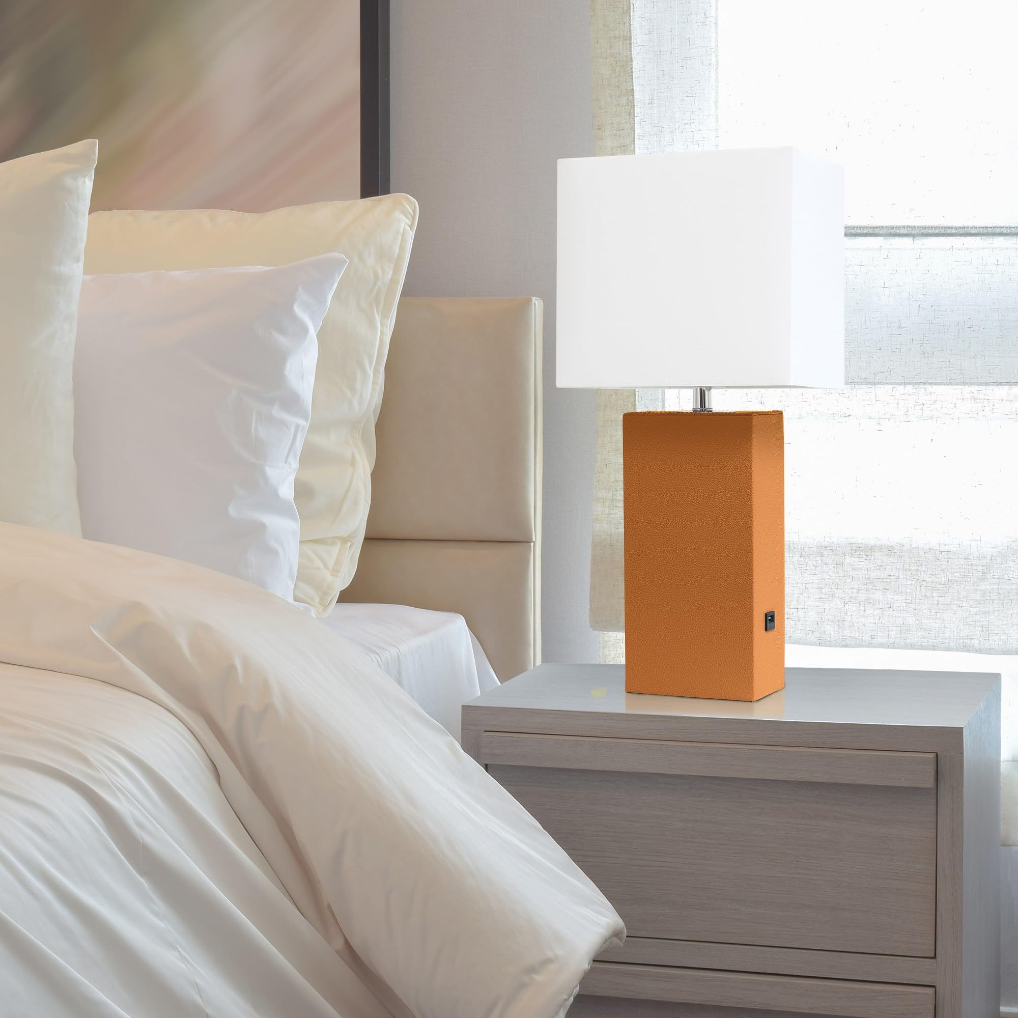 Elegant Designs Lt1053-Tan Modern Leather Usb And White Fabric Shade Table Lamp, Tan (Pack Of 1)