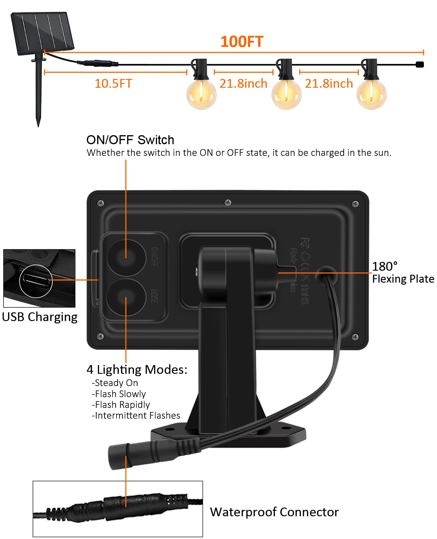 100Ft Solar Outdoor String Lights With Remote - Usb Rechargeable Solar Powered Outdoor Patio Lights, Larger 5W Solar Panel , Tim