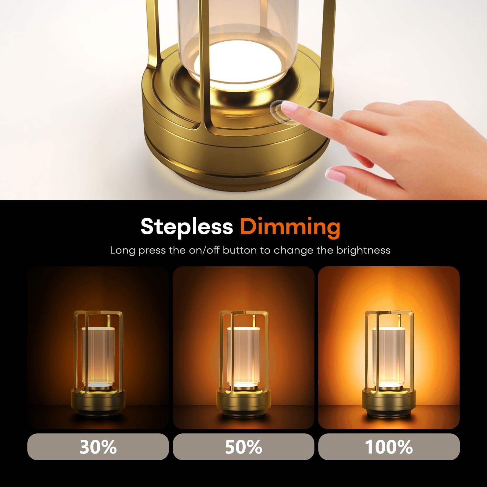HAPYGI Portable Metal Table Lamp, Rechargeable LED, 3-Colour Dimming, 3.54x3.54x7.08in, Gold Set of 2