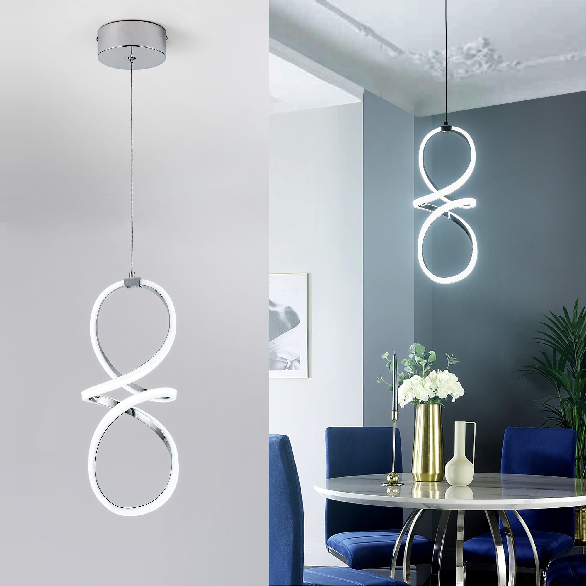 Mayna Modern Led Pendant Lights Kitchen Island, Chrome Chandelier, 22W Adjustable Height Hanging Light Fixture For Kitchen Dining Room Bedroom Cafe Table, 1 Pack