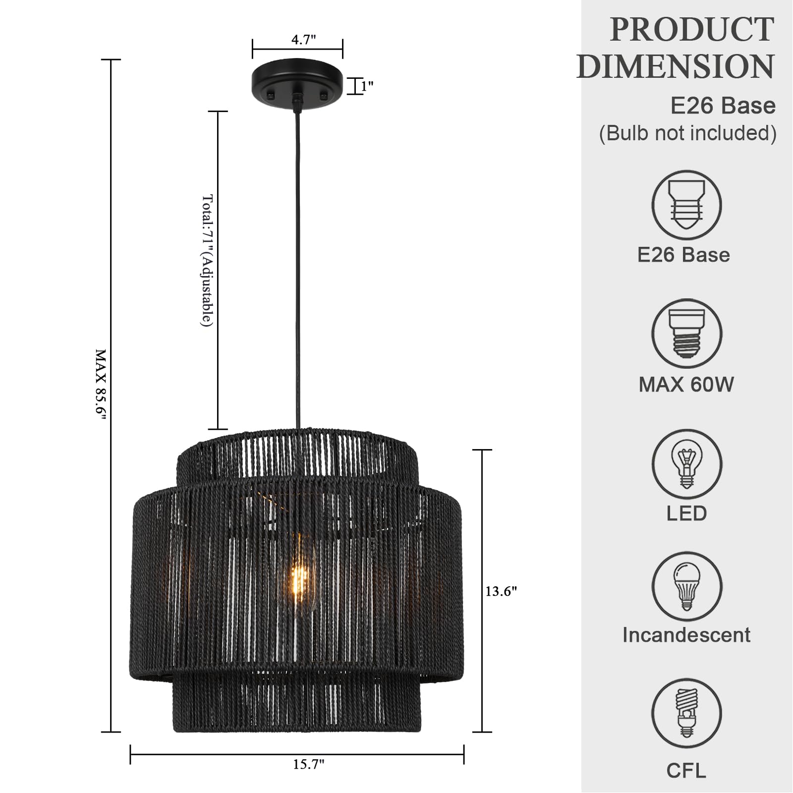 Rosient 16 Inch Large Natural Simple Hand Weaved Rattan Pendant Lamp, Coastal Beach Black Rope Hanging Pendant Light Fixture For