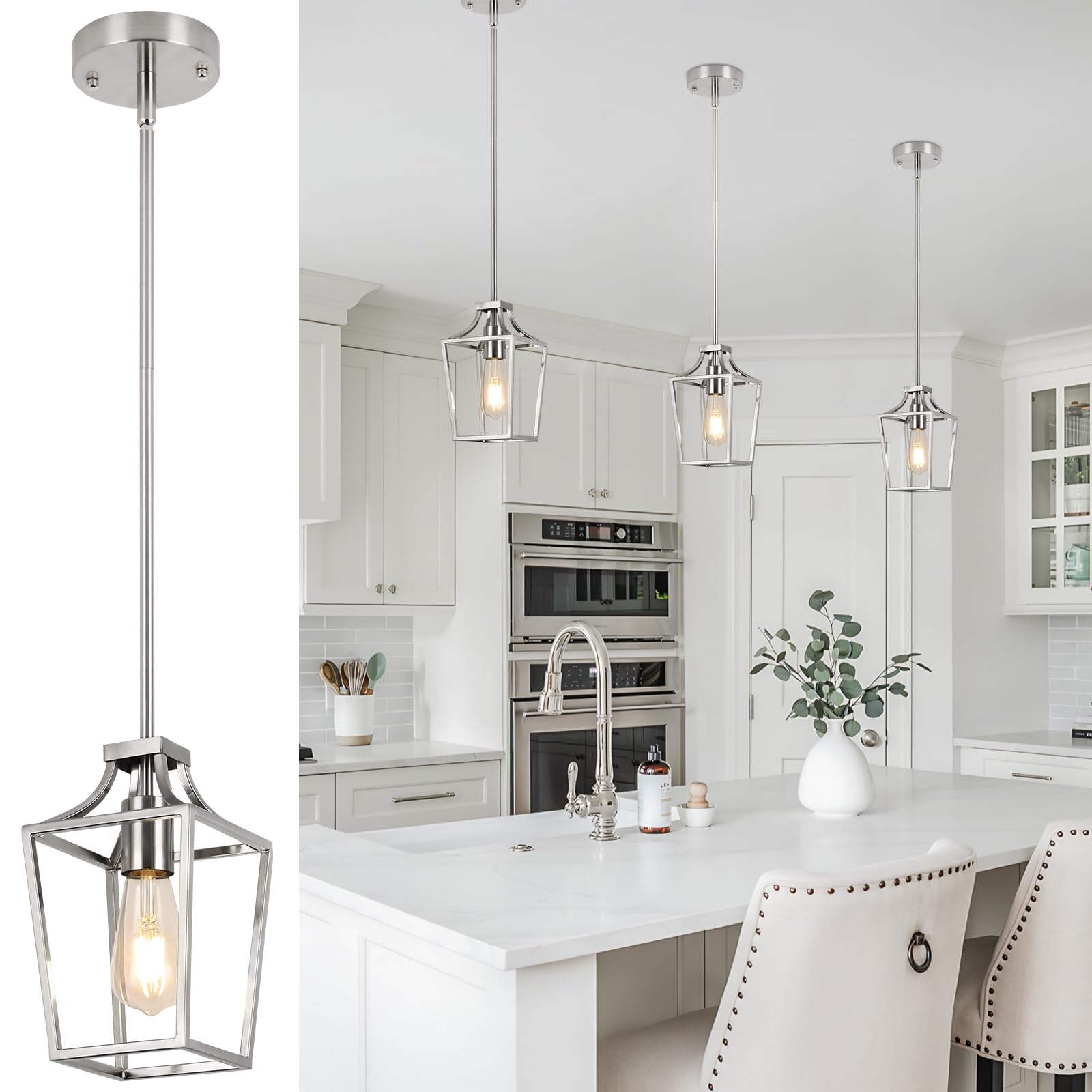 foucasal Brushed Nickel Pendant Light Lantern Pendant Lights for Kitchen Island Mini Pendant Light Fixture, Adjustable Rods Farm