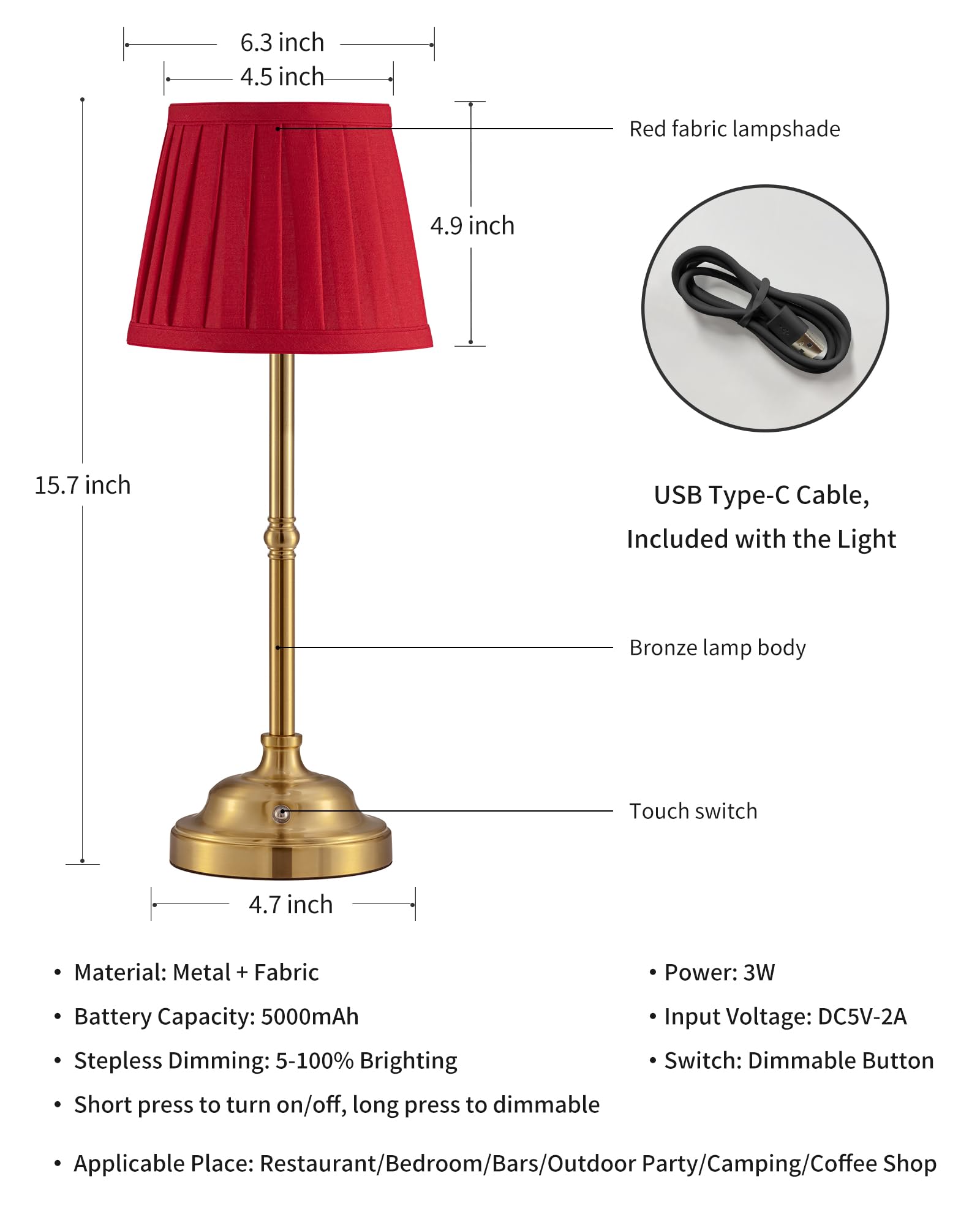 Kdg Cordless Led Table Lamp Set Of 2, Portables Fabric Shade Desk Lamps, 5000Mah Rechargeable Battery Powered Lighting, Dimmable Light For Dining Room, Bedroom, Bedside, Night Light, Balcony (Red)