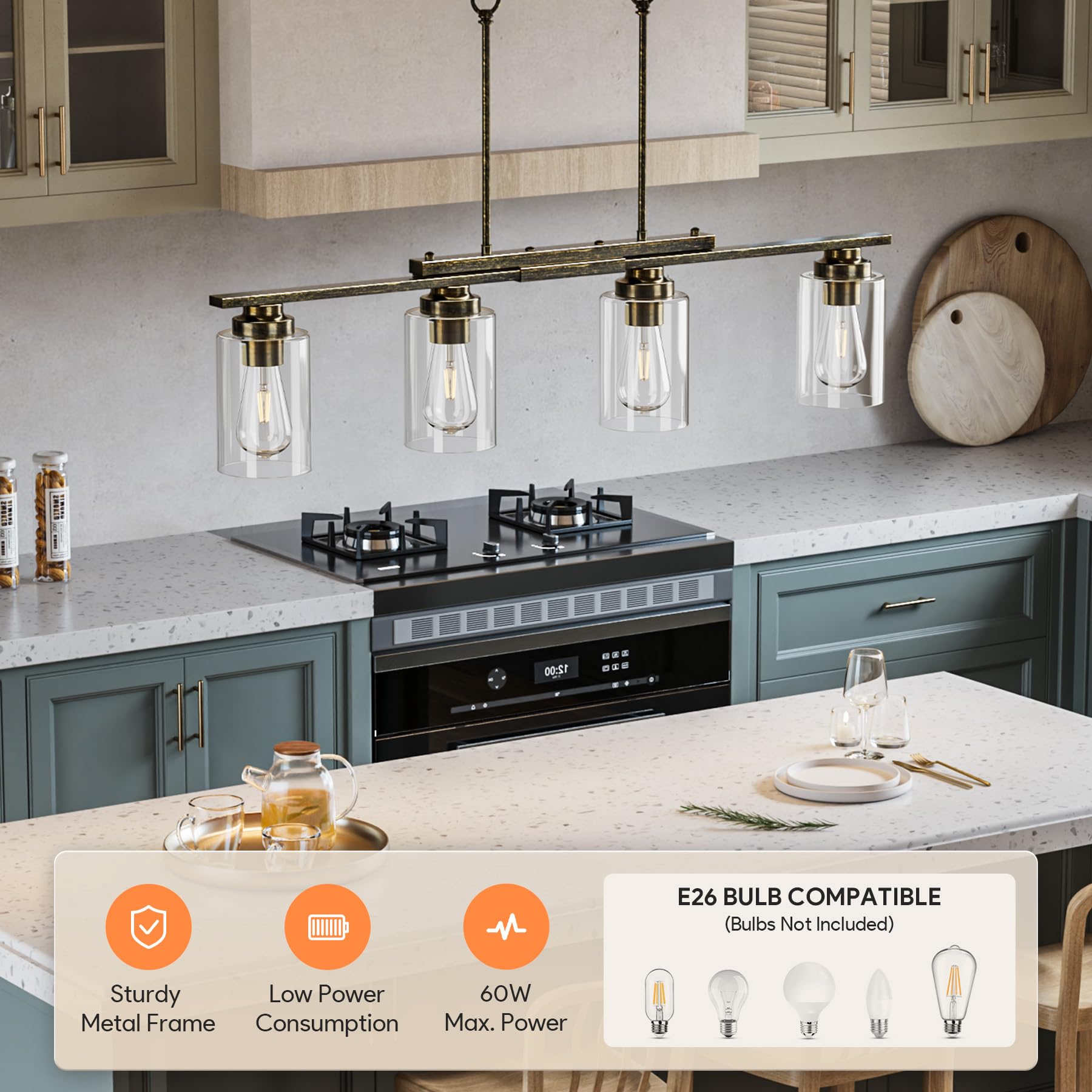 VONLUCE 4-Light Kitchen Island Chandelier, Glass Shade, Antique Black, Model PDL-GLC, ETL Certified, Farmhouse Dining Room Fixture