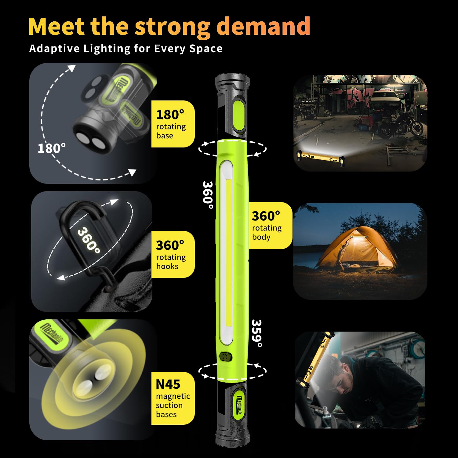 MechaniLite 3000LM Under Hood Work Light Bar, Cordless Rechargeable Magnetic Light, Green, Model UDL-G-CA