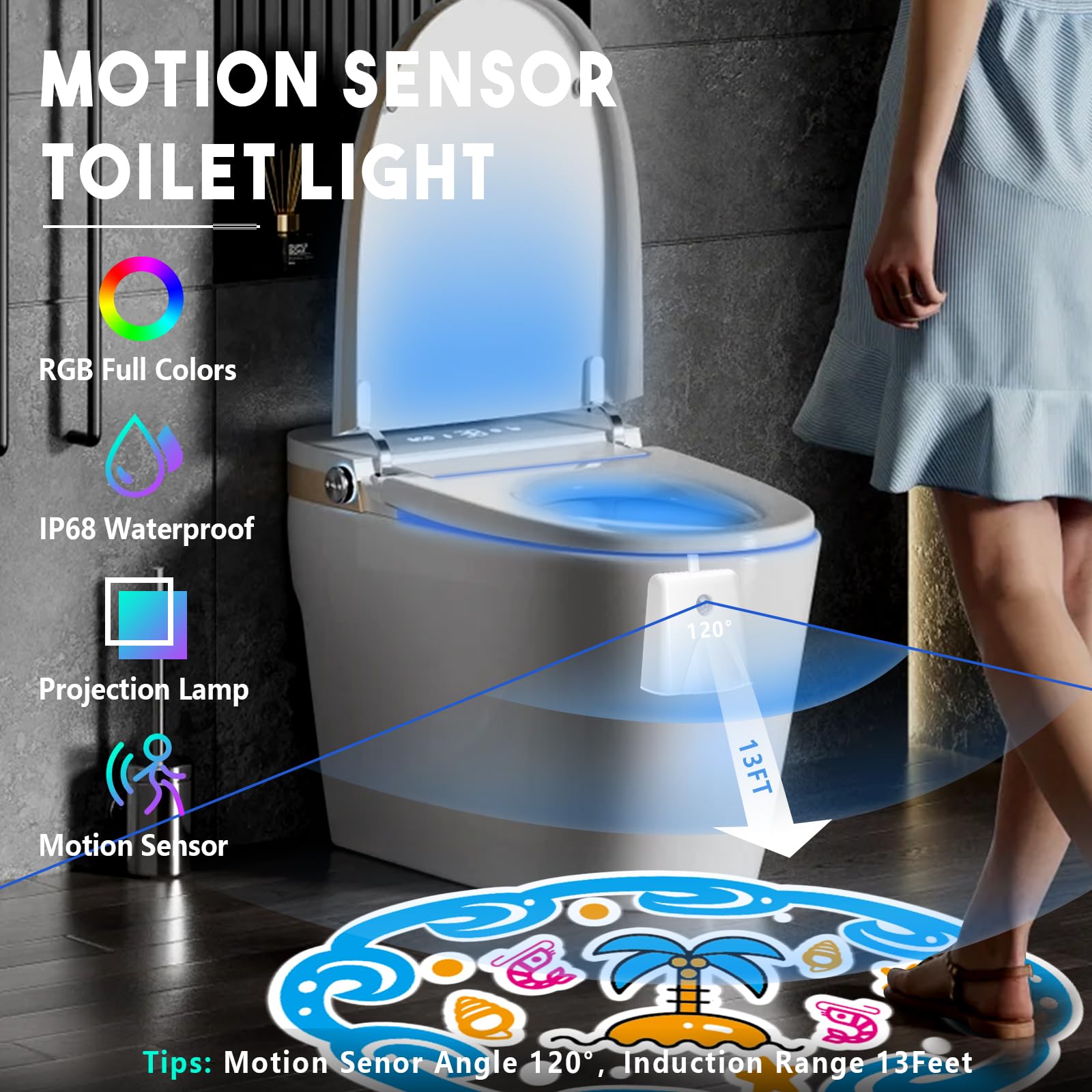 LAVAED Motion Sensor Night Light - 16 Color Changing LED Toilet Light, Rechargeable, Waterproof, 1 Pack, Acrylonitrile Butadiene Styrene