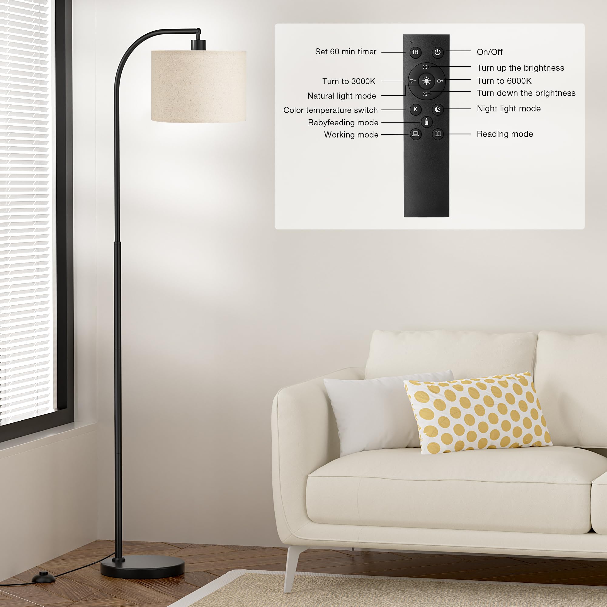 Ambimall Arc Floor Lamp With Remote And Stepless Dimmable Bulb, Colors Temperature & Brightness Adjustable, Black Floor Lamps Fo