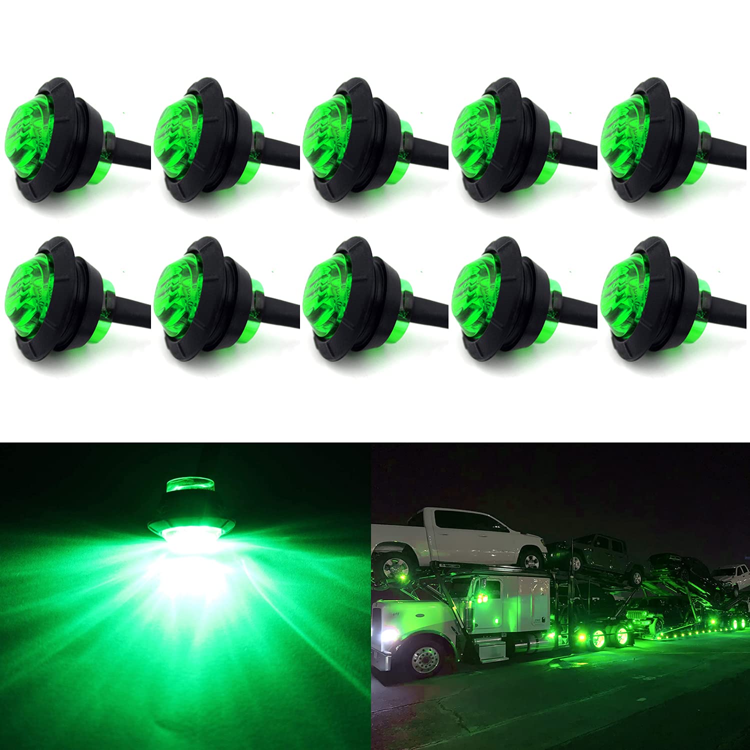 Keing 10 Pack Sealed Waterproof Mini Round 3/4 Inch Green Led Marker Lights Signal Light 12V For Trailer Truck Bus Pickup Van Atv Rv Lorry Caravan, 5 Years Warranty