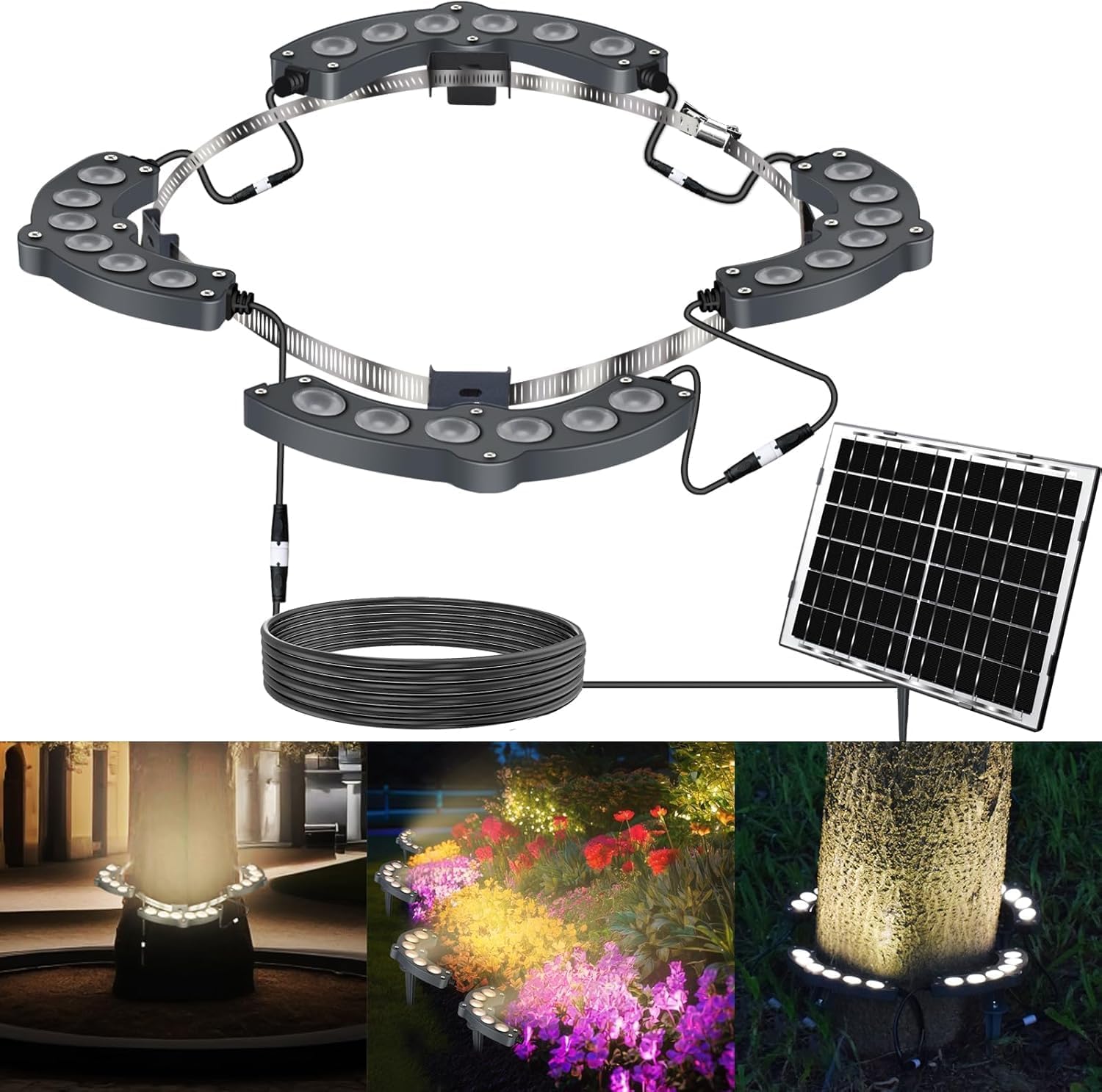 Solar Palm Tree Lights Outdoor Warm Light 3000K, Solar Spotlights for Plam Trees 12000 mAh Batteries Solar Powered LED Ring Tree