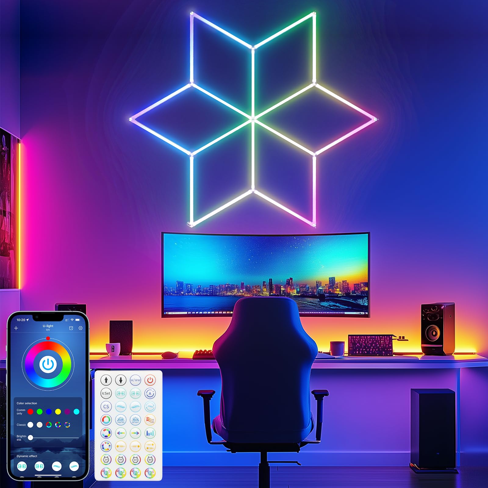 Hexagon LED Garage Lights RGB - Music Reactive Lighting with 358 Color Transitions Applicable toWorkshops  Man Caves Game Rooms Bars