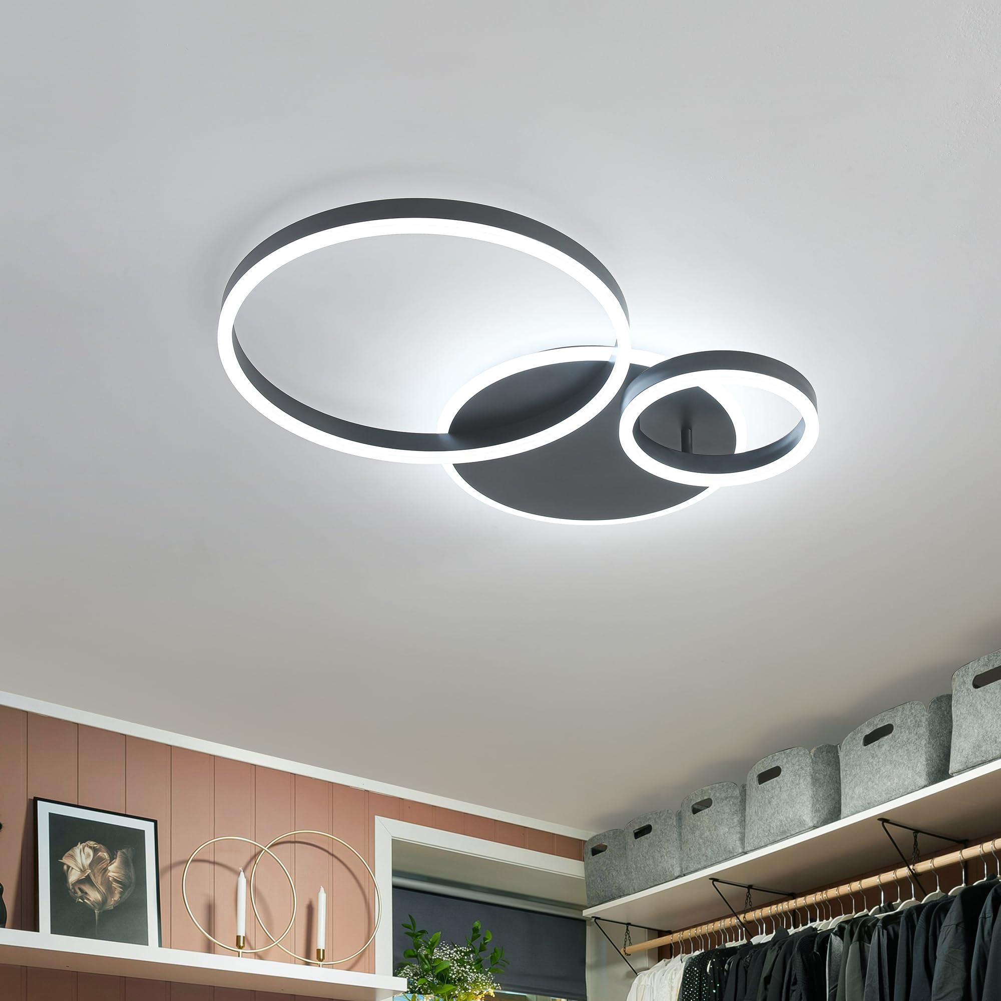 ONEELDY Modern LED Flush Mount Ceiling Light, Dimmable 48W, Adjustable 3000K-6000K, Black Acrylic Fixture for Home