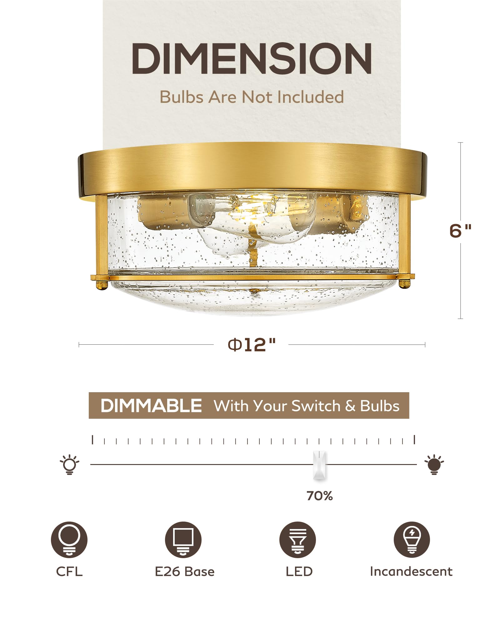 FEMILA 12in Ceiling Light Fixture, 2-Light Flush Mount, Brass Gold Finish, Seeded Glass, Model 4FTJ22-F BG