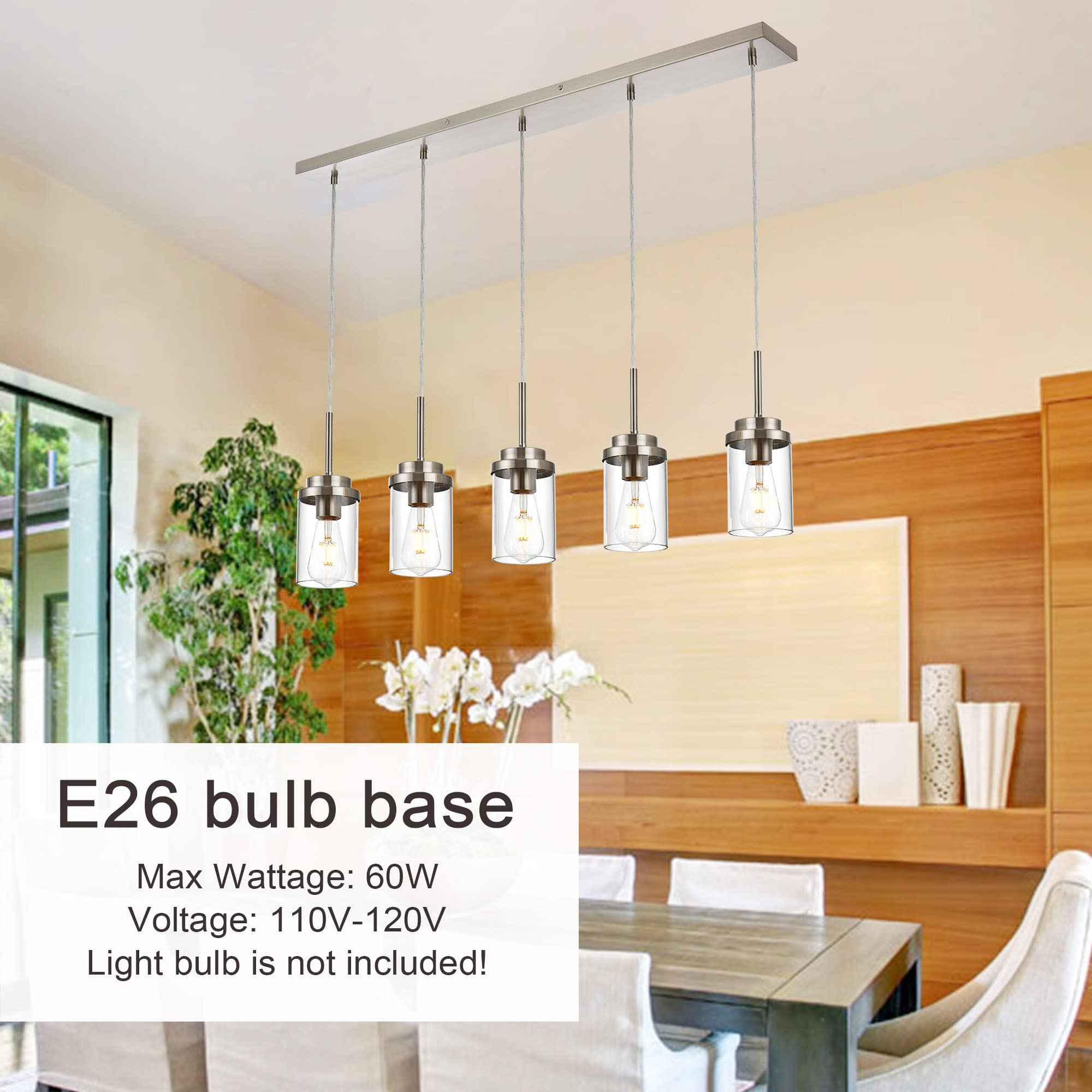 MELUCEE Modern Linear Pendant Light - 5 Lights, Brushed Nickel, Clear Glass Shade, 40.1" for Kitchen Island or Dining Room