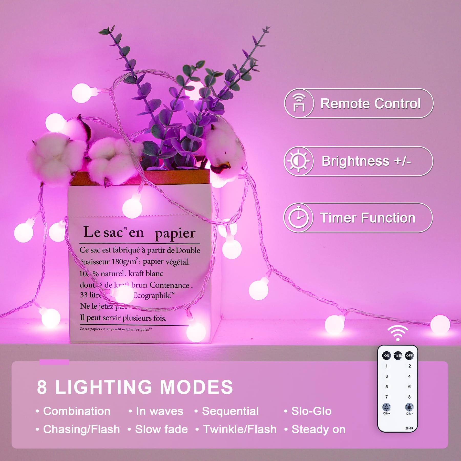 JMEXSUSS Pink Globe String Lights, 100 LED Indoor Outdoor Fairy Lights, 33ft Plug-in for Valentines Day Decor, Model EXS-S-0100-R