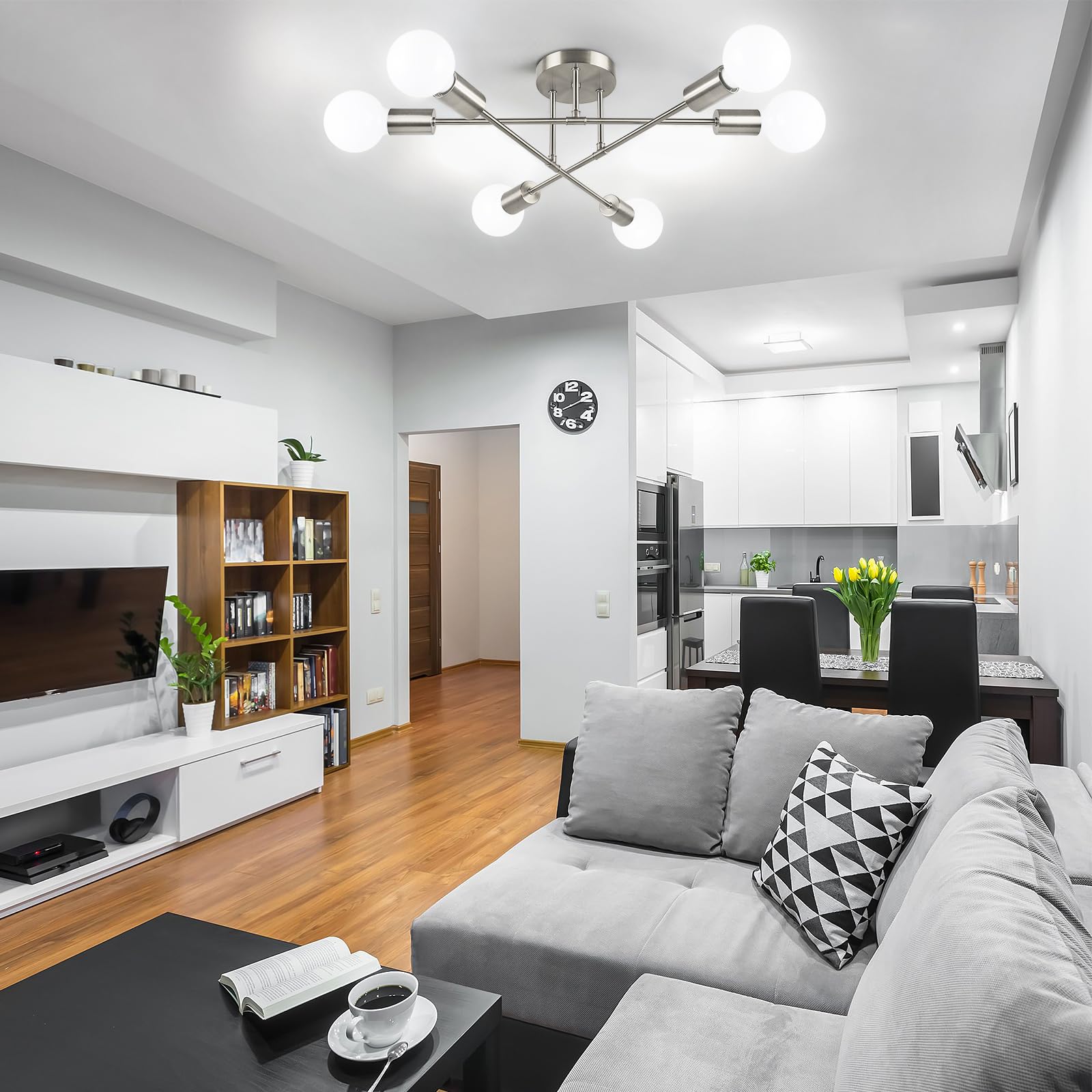 Bosceos Modern 6-Light Sputnik Chandelier, Brushed Nickel Ceiling Fixture For Living Room & Kitchen