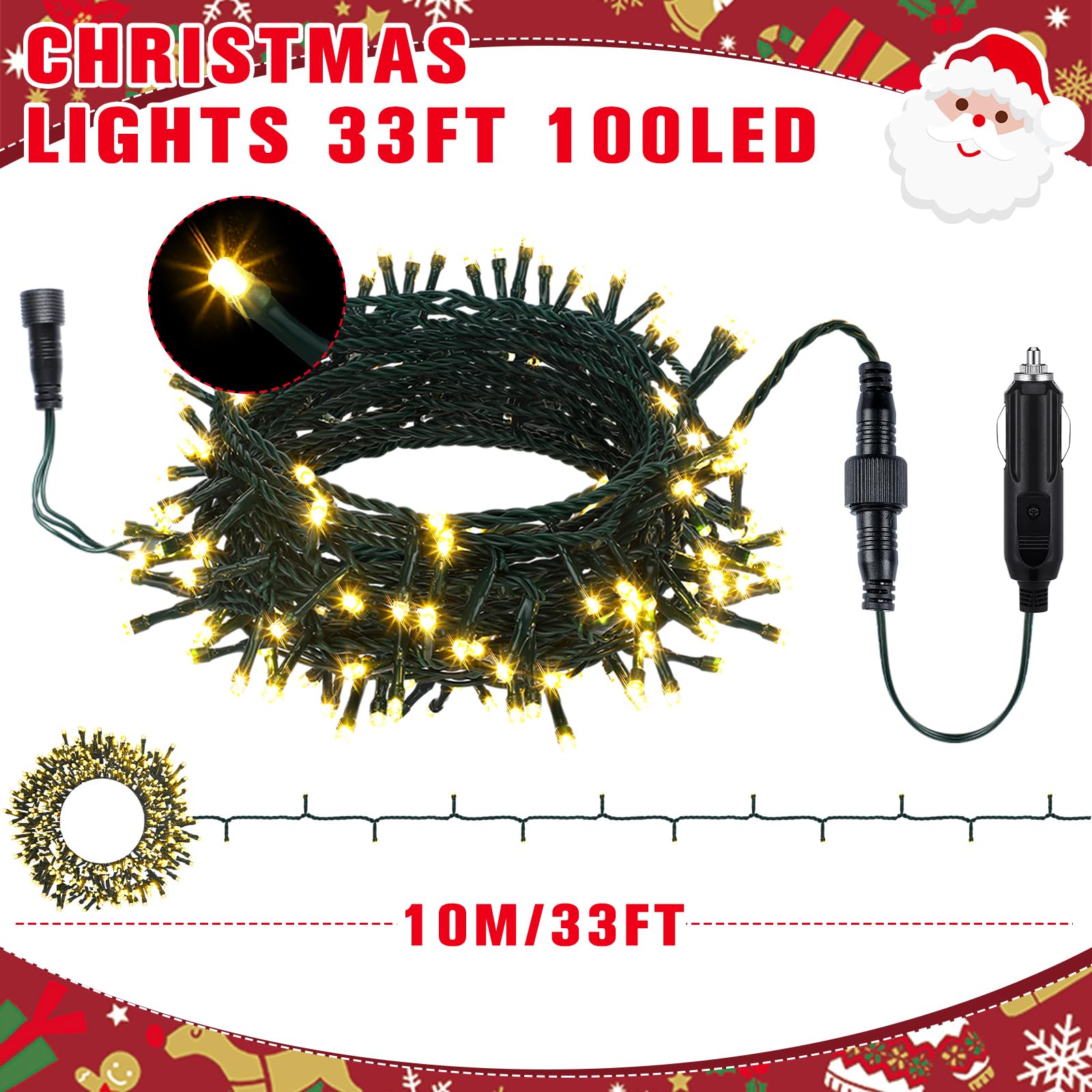 Aurelema 12V LED String Lights - 33 ft, 100 Warm Yellow Waterproof Lights for Christmas Car Decorations, Model MJO-Aurelema-1021