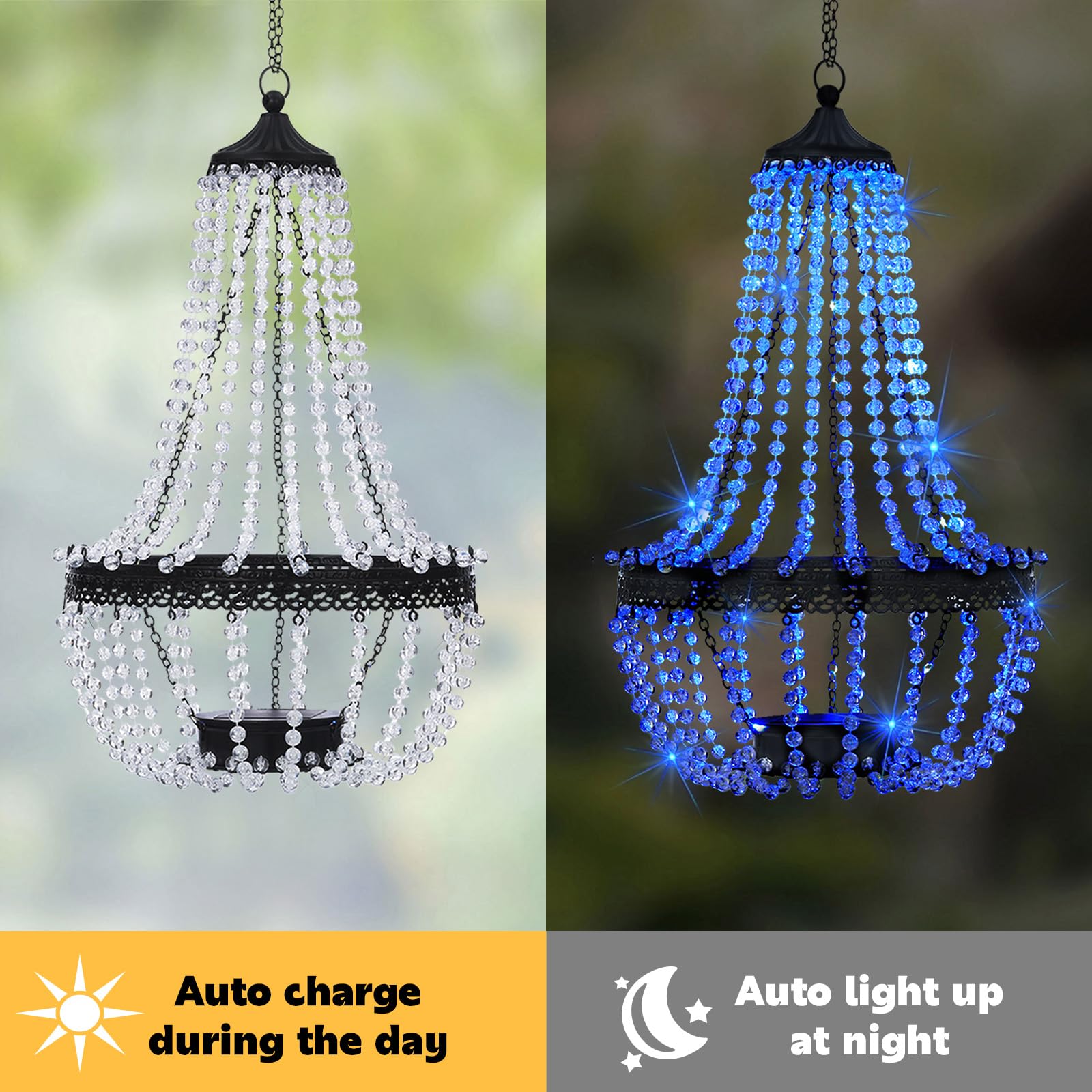 Sunnypark 28” Blue Solar Hanging Lantern Chandelier With 30 Lights For Garden & Patio Decor