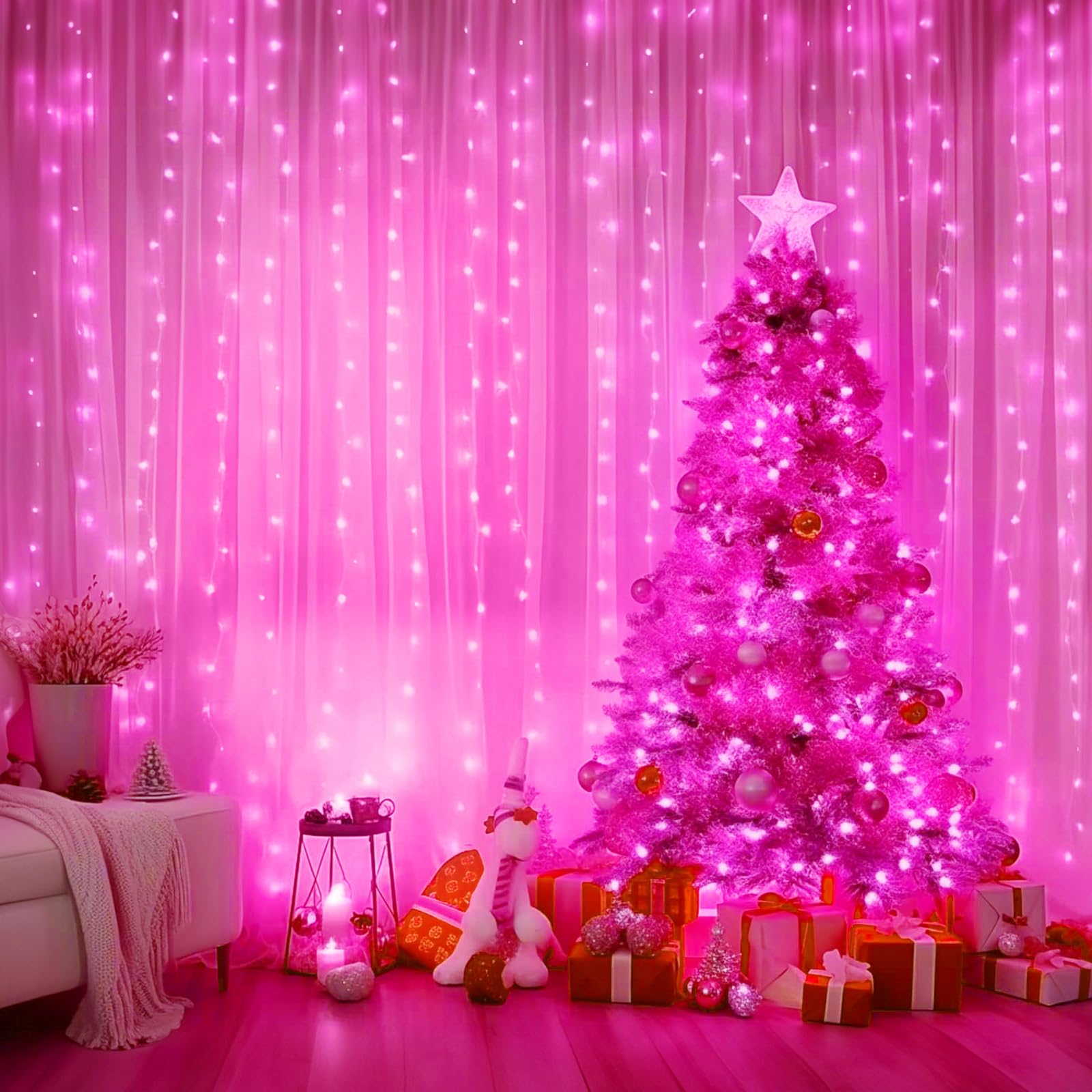 Minetom 300 LED Dimmable Fairy Lights - Pink USB Powered Curtain Lights with Remote & Timer, 8 Modes, 1 Pack