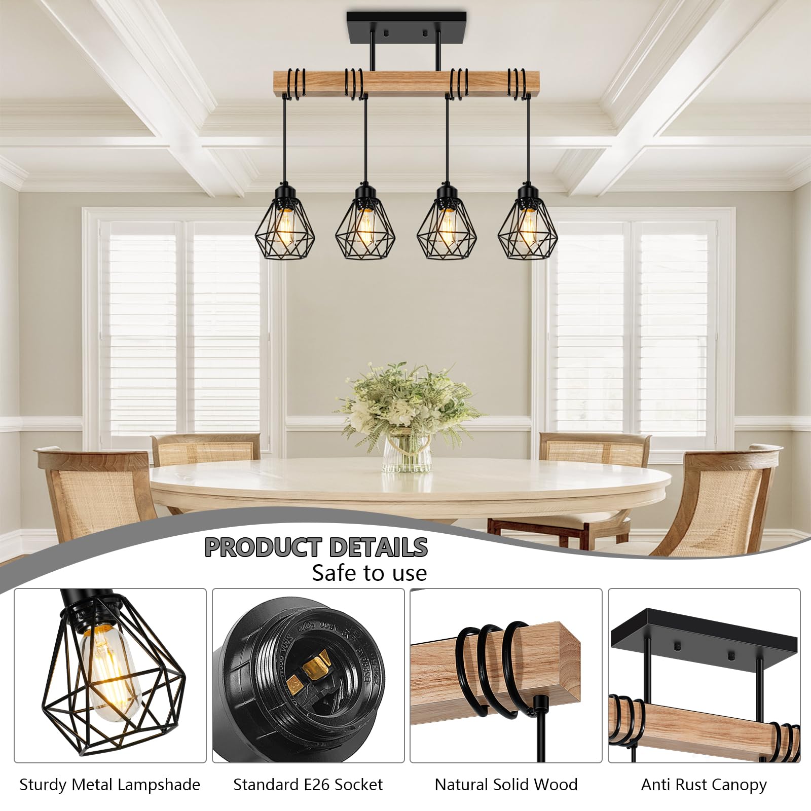 Feanron 4-Lights Farmhouse Wood Kitchen Island Lighting  23.6 Dining Room Light Fixtures Chandelier Over Table  Rustic Black Cage Pendant Lights Ceiling Hanging For Pool Table  Living Room  Hallway