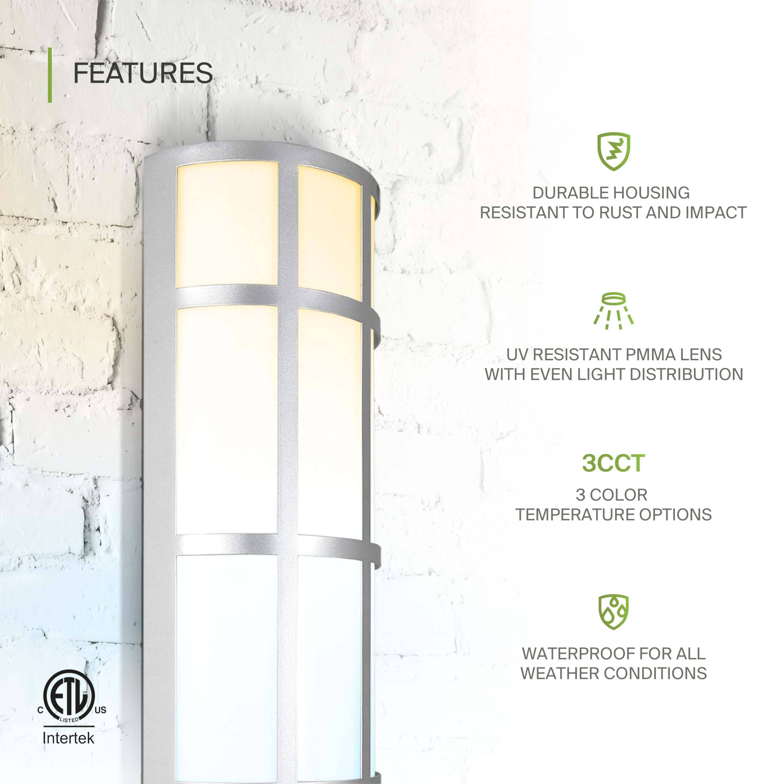 ASD 24 Inch LED Outdoor Wall Mount Light Fixture - Brushed Nickel, Dimmable, 120-277V, Model A-WS21GR-MV24D25N, 2