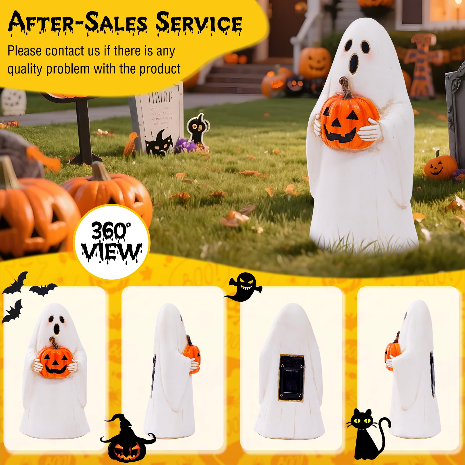 Pohabery Cute Resin Ghost Statue - Solar-Powered Halloween Decor, White, Outdoor Light Up Figurine For Yard & Porch, Model Zf1Bg250501