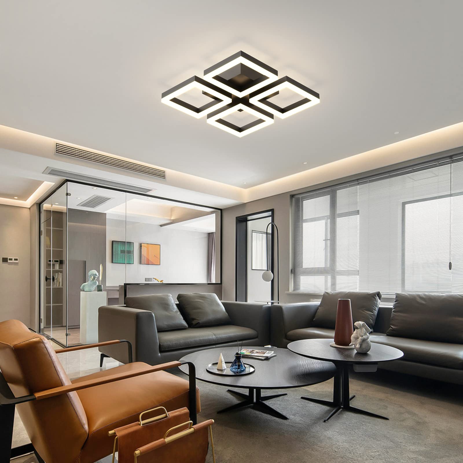 GEADI 52W Dimmable LED Ceiling Light, Modern 4-Square Flush Mount Chandelier, Black, 17.7in, Aluminum, Model 9098FM-4BWJ