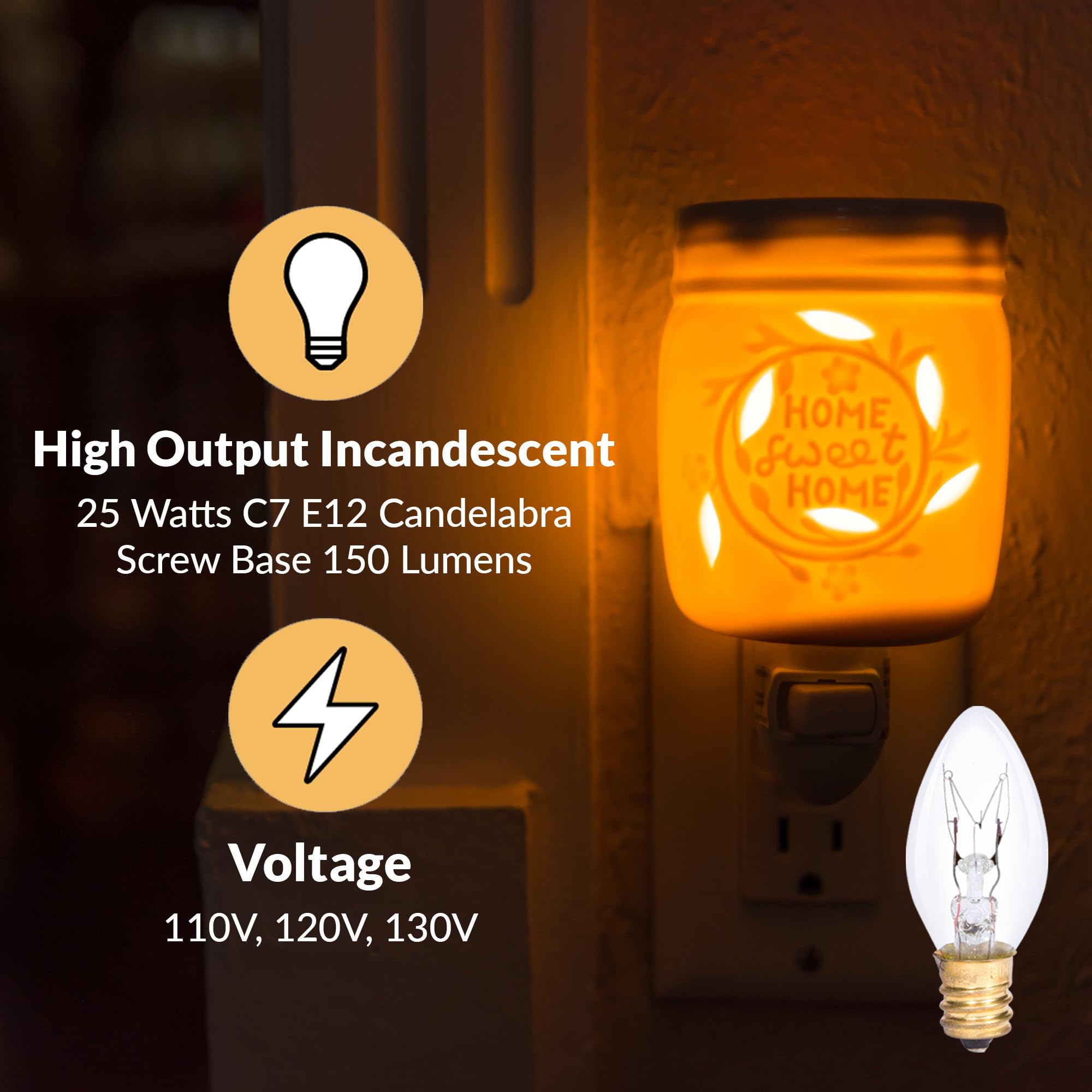 Simba Lighting C7 25W Replacement Bulb (6 Pack) For Himalayan Salt Rock And Basket  Plug In Aromatic Wax Warmer  Night Light  Clear Candle Shape  120V  E12 Candelabra Base  Dimmable  2700K Warm White