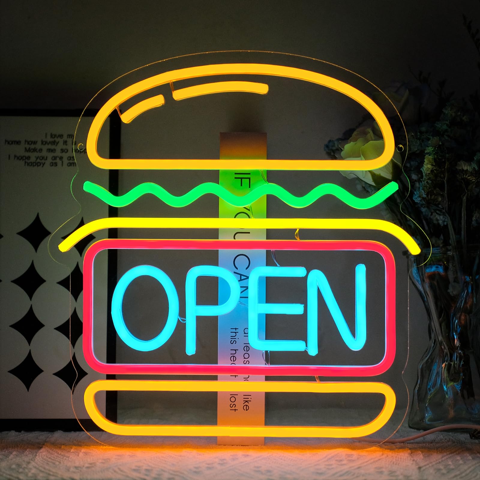 Virlusy Neon Open Sign for Wall Decor, Dimmable Hamburger LED Light, Medium Size, Acrylic, Yellow Red Green Blue, Model YL-Open burger
