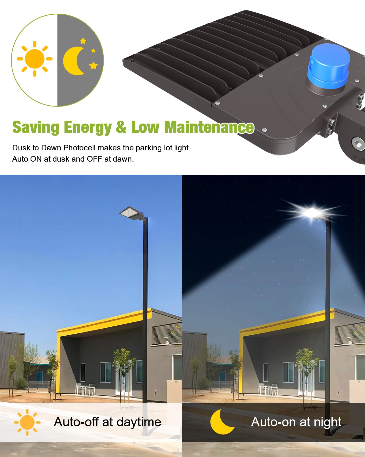 YXL LED Parking Lot Shoebox Lights, 21000LM, 5000K Daylight, Dusk to Dawn Sensor, Bronze, 150W Arm, 3-Pack, IP65 Waterproof
