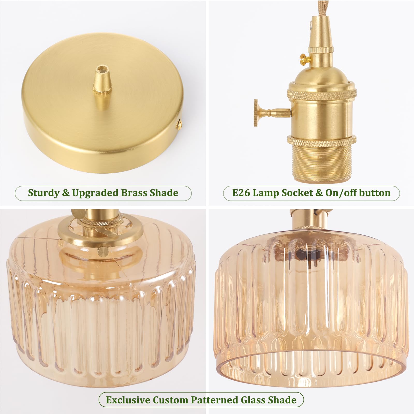 Shenmoyl Pendant Light With Amber Striped Glass Lmapshade, Brass Vintage Pendant Light Adjustable Hanging Light For Kitchen Isla