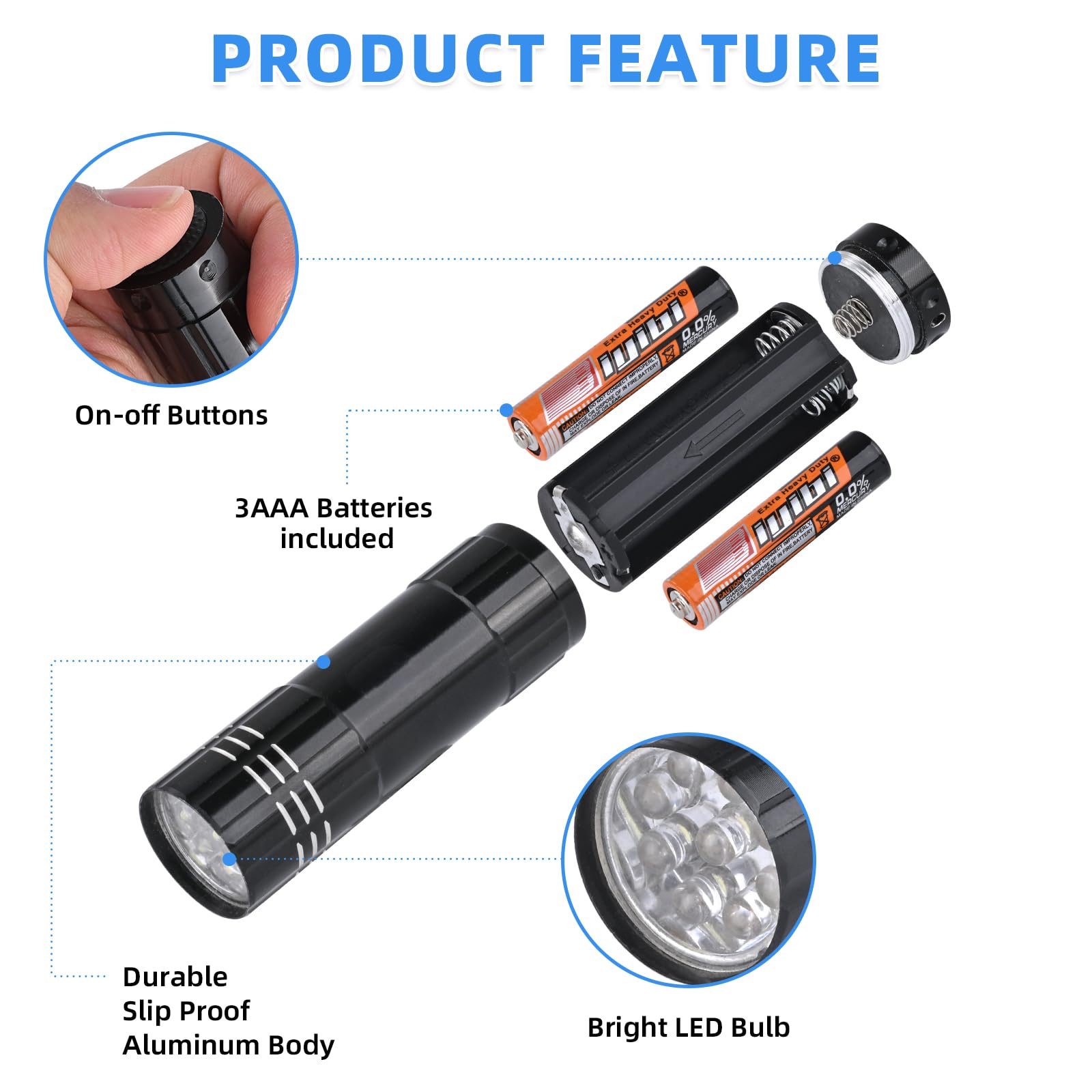 yikosam 9 LED Mini Aluminum Flashlights - 10 Pack with Lanyard, Includes 30 AAA Batteries, Assorted Colors