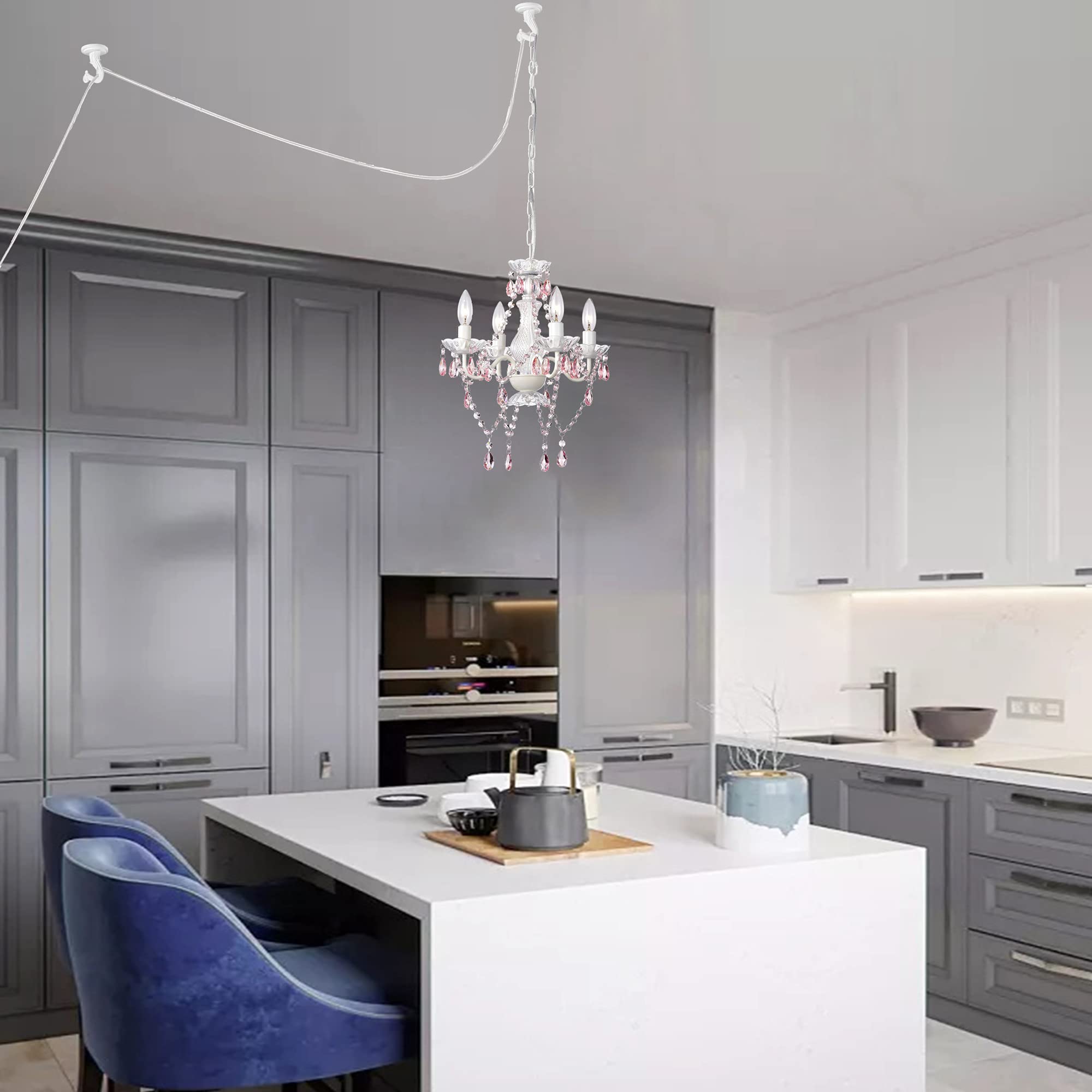 Alighting Pink Plug-In Chandelier - 4 Light White Crystal Accent Swag Lighting, Small Size