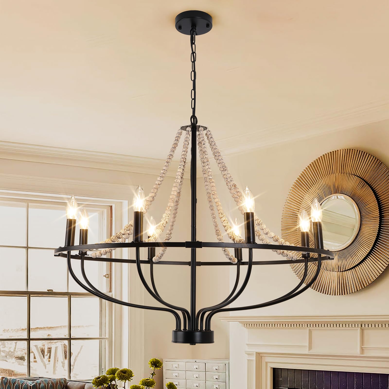 Ganeed Vintage Chandeliers,8-Light Round Wagon Wheel Chandelier With Wood Beaded,Black Farmhouse Pendant Light, Adjustable Heigh