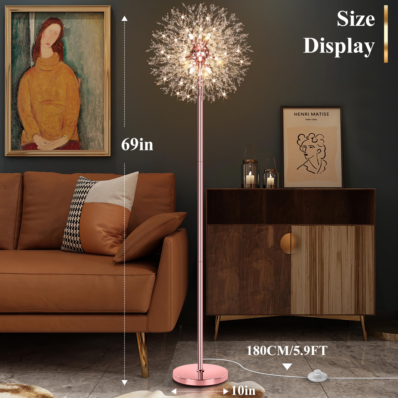 Beslowe 69 Crystal Floor Lamp For Living Room  Modern Standing Lamp With 738Pcs K9 Crystals  Tall Lamp Pole Light For Bedroom Office  Mid Century Floor Lighting With 9 Led Bulbs  Rose Gold