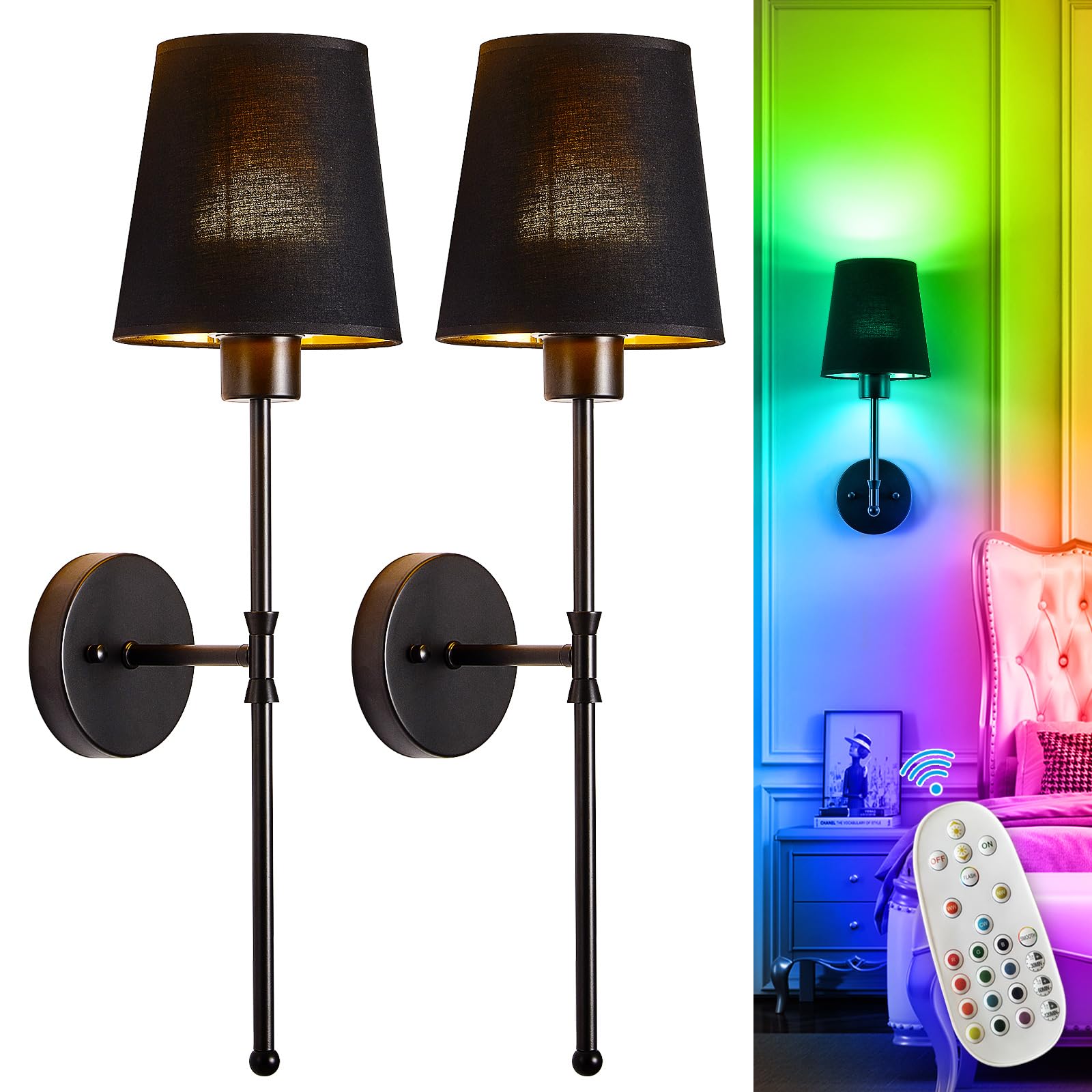 Depuley Wall Sconce Set of 2, 24in Wireless Battery Operated Lights, Black Metal, Remote Control, Rechargeable, 15 Colors for Home Decor