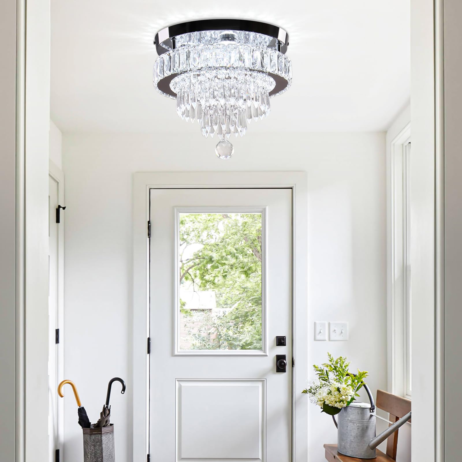 Modern Crystal Ceiling Chandeliers Dimmable Led Crystal Ceiling Light Fixtures 9.8 Inch Stainless Steel Flush Mount Ceiling Lamp
