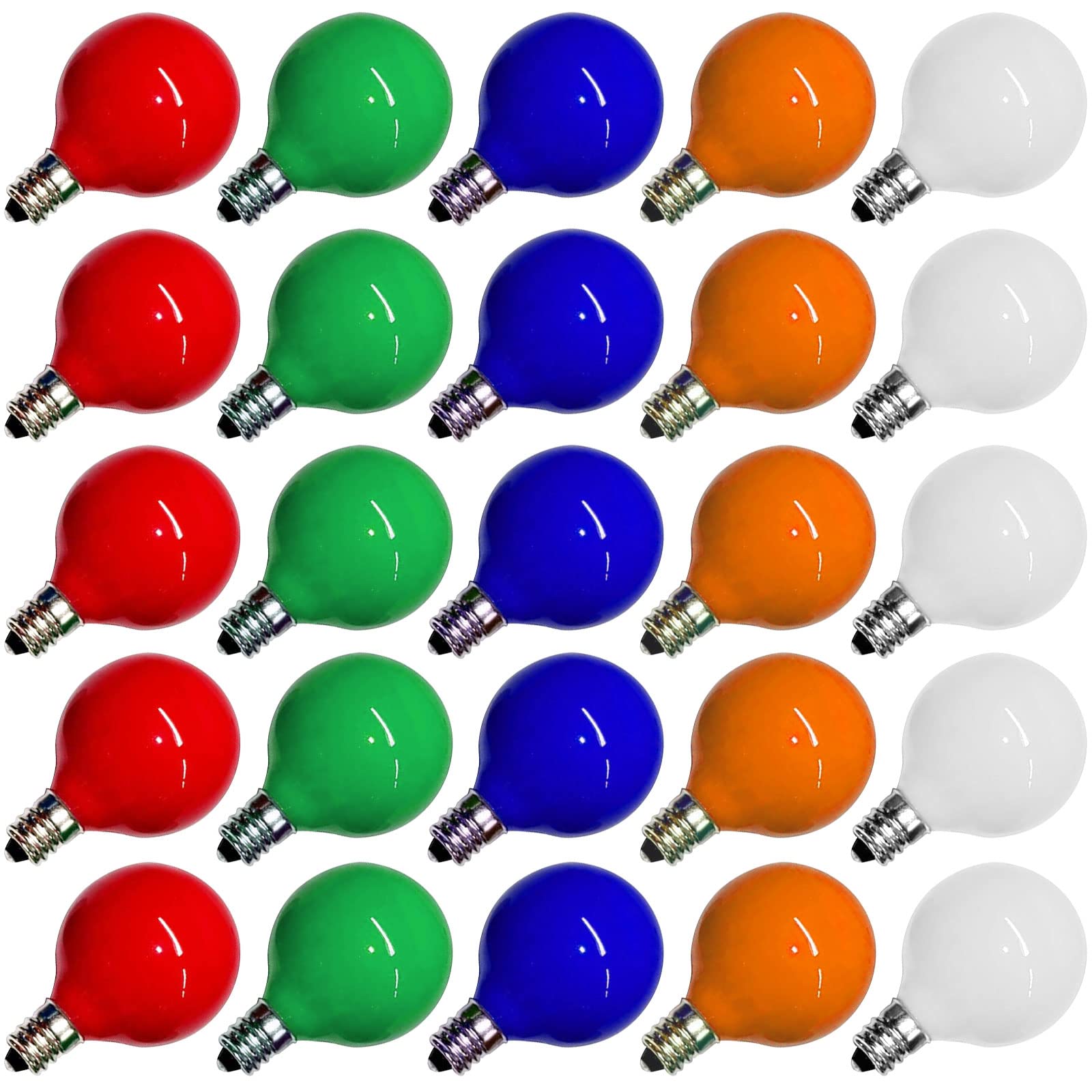 G40 Multicolor Christamas Light Bulbs 25 Pack Ceramic Colorful Replacement Bulbs, 1.57 Inch Globe Light Bulb, E12/C7 Candelabra Base Light Bulbs for Indoor Outdoor Christmas Lights Decor, 5 Watts