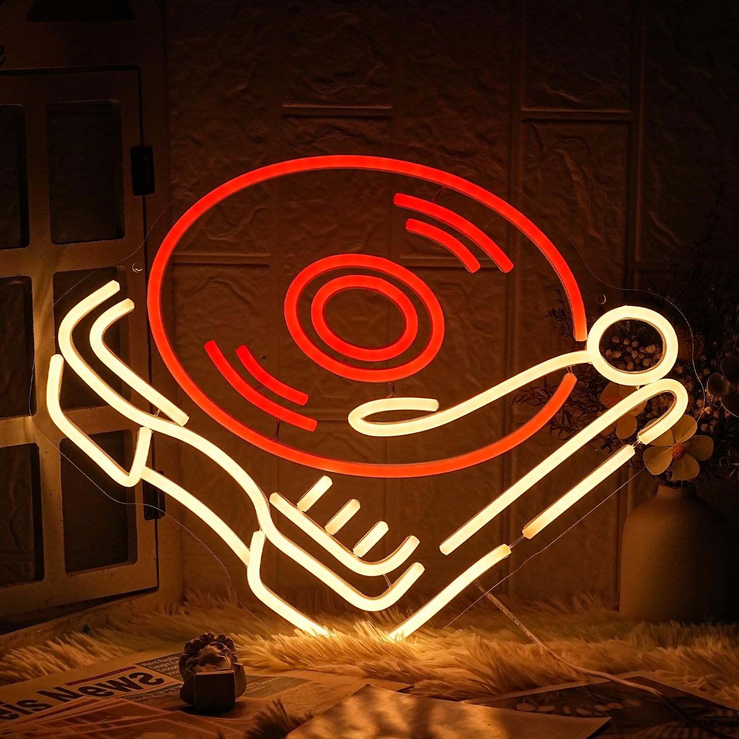 LMSIGNLY Neon Record Player Sign - Retro Music Studio Decor - Red & Warm Plastic Light for Bedroom and Bar