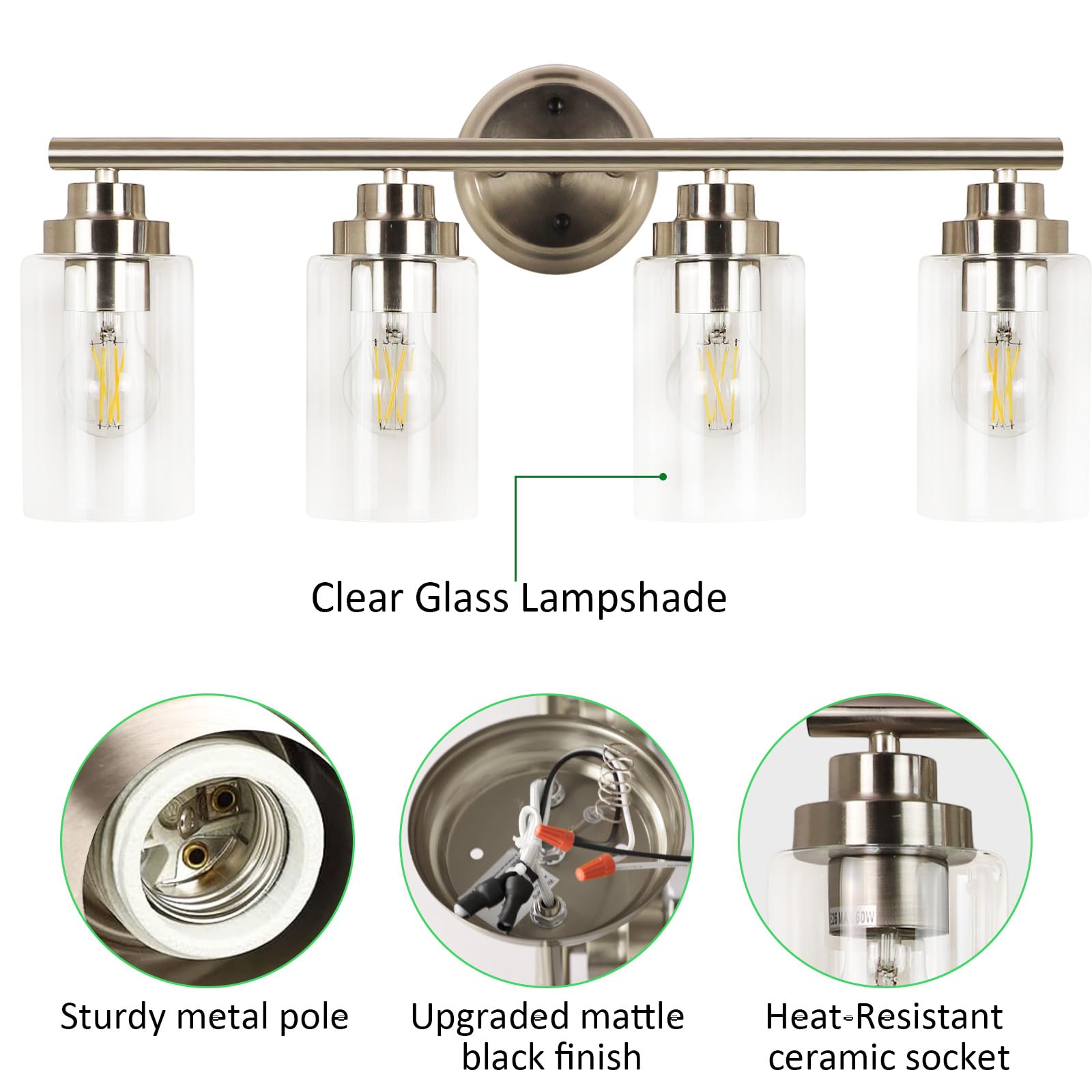 DLLT 4-Light Bathroom Wall Sconces, Silver Glass Shade Vanity Lighting, Model DINGLILIGHTING