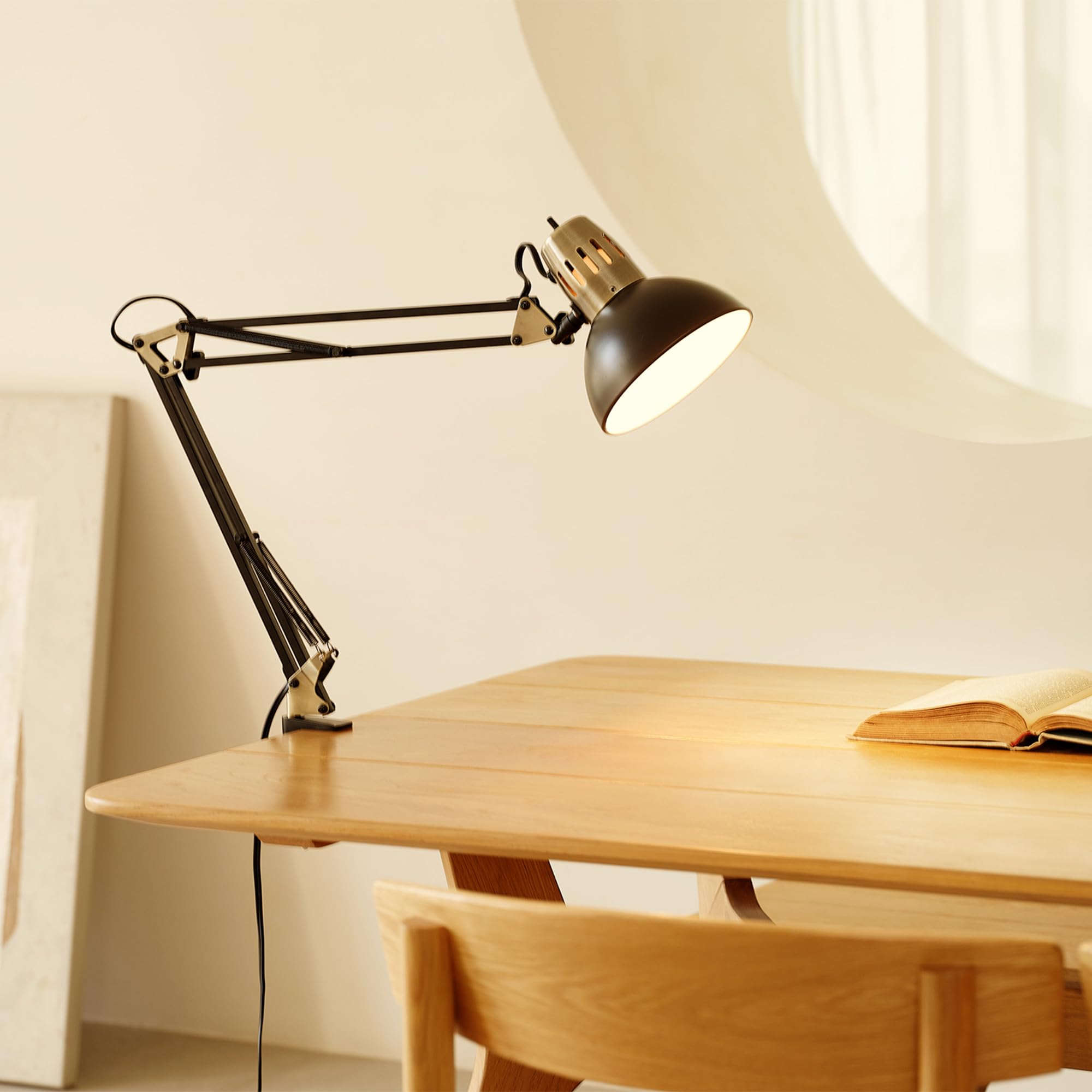 Globe Electric 62000009 32'' Multi-Joint Desk Lamp With Metal Clamp, Matte Black, Antique Brass Accents, On/Off Rotary Switch On