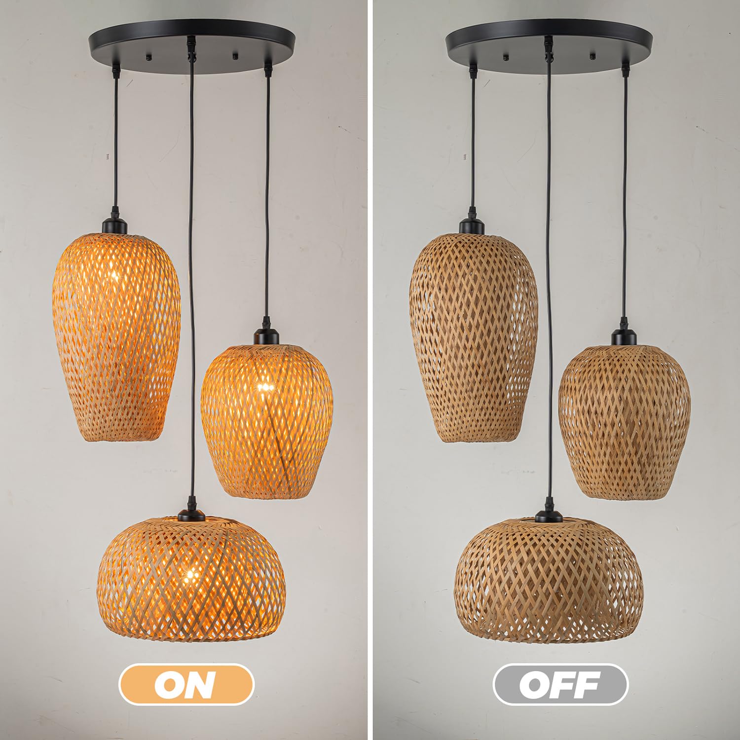 Aoodu Rattan Pendant Light Bamboo Hanging Light 3-Lights Boho Pendant Light Fixture Woven Basket Wicker Shade Rattan Chandelier