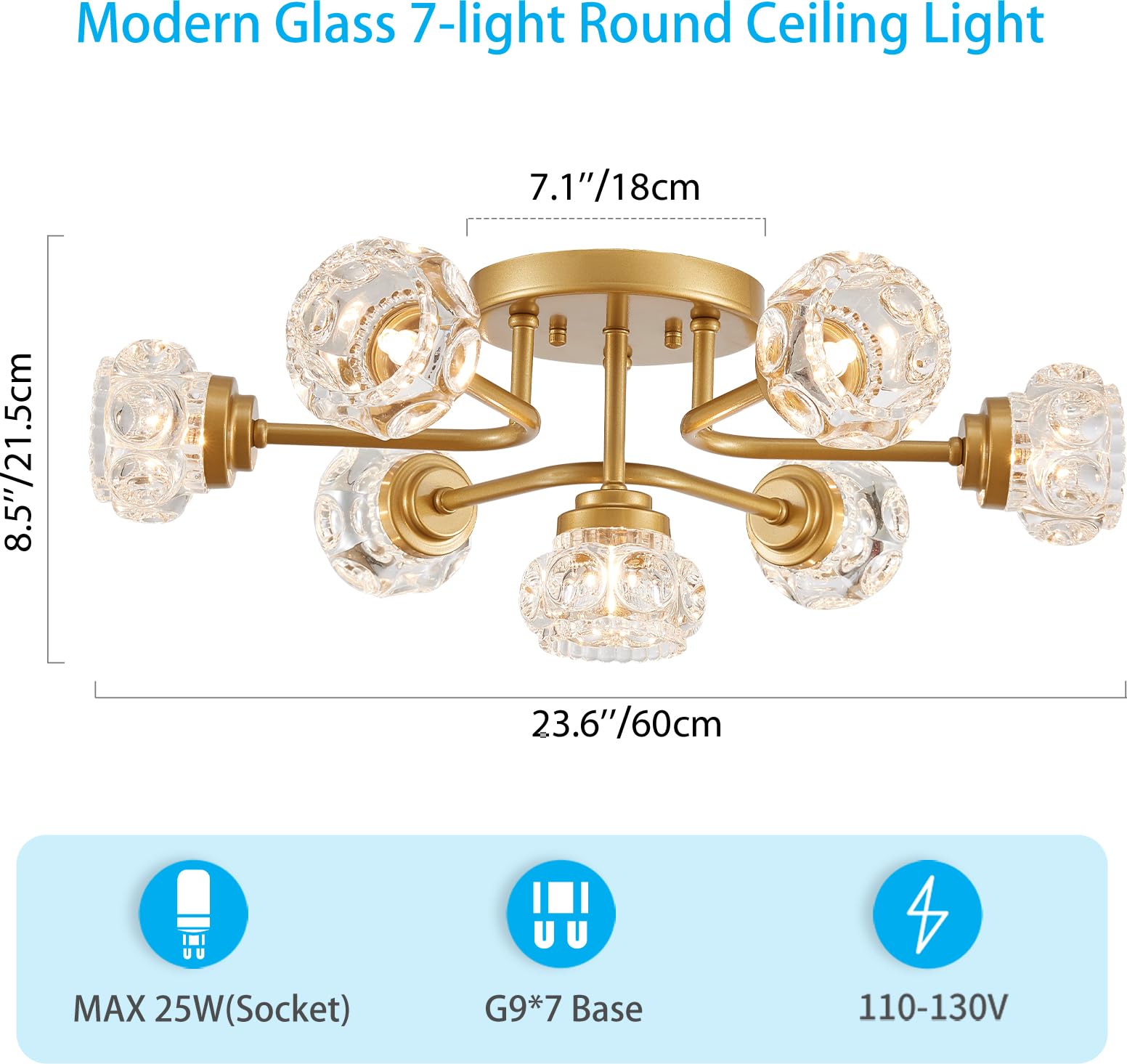 Xingqi Gold Sputnik Semi Flush Mount Ceiling Light Fixture, 7-Light Mid Century Dining Room Chandelier Farmhouse Chandelier Roun