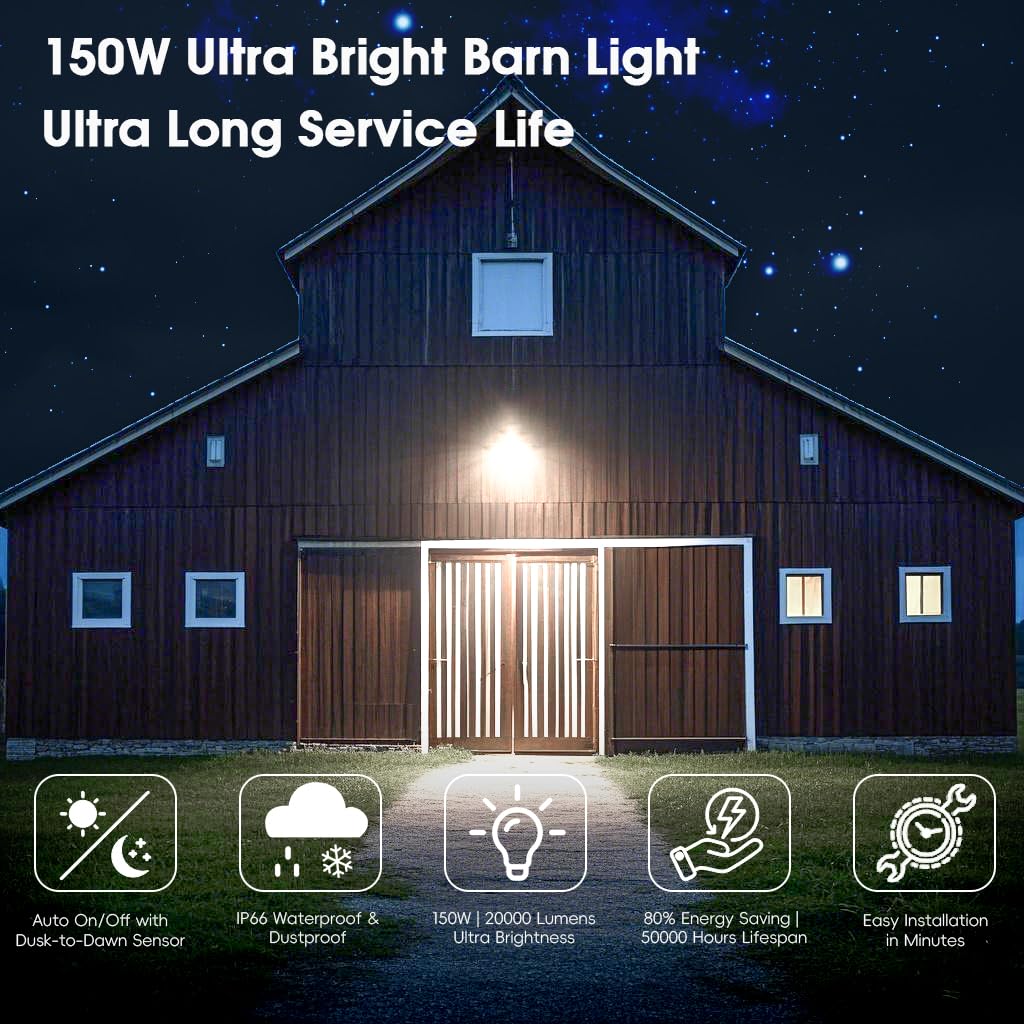 Moontip 150W 4 Pack Led Barn Light, 20000Lm Dusk To Dawn Outdoor Lighting With 150° Adjustable Photocell, 6500K Daylight Yard Lights, Ip66 Waterproof Area Street Light For Farmhouse Barns Warehouse
