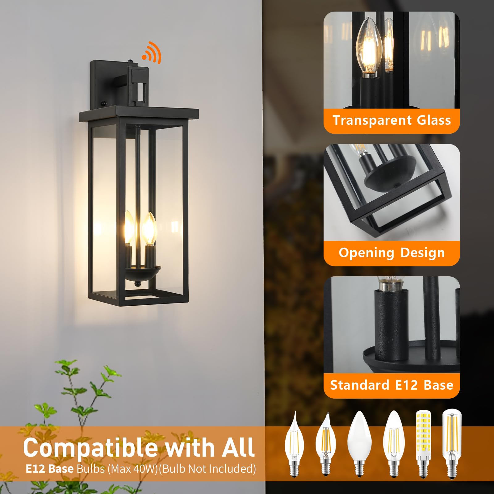 tewei 22 Inch Outdoor Wall Lights, Dusk to Dawn Black Lantern Sconce, 2 Pack with Clear Glass Shade for Garage and Porch