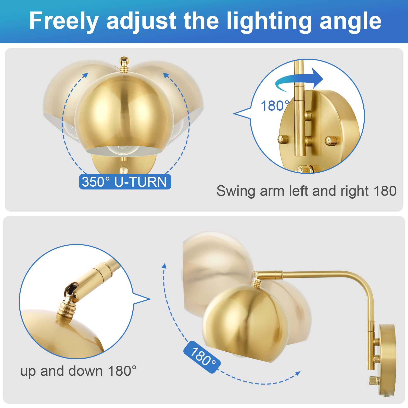 VATONI Dimmable Wall Sconce with Swing Arm, Brushed Brass, 1 Pack, Metal, Model LSlamp-Glosh-1P, Ideal for Bedroom & Bathroom