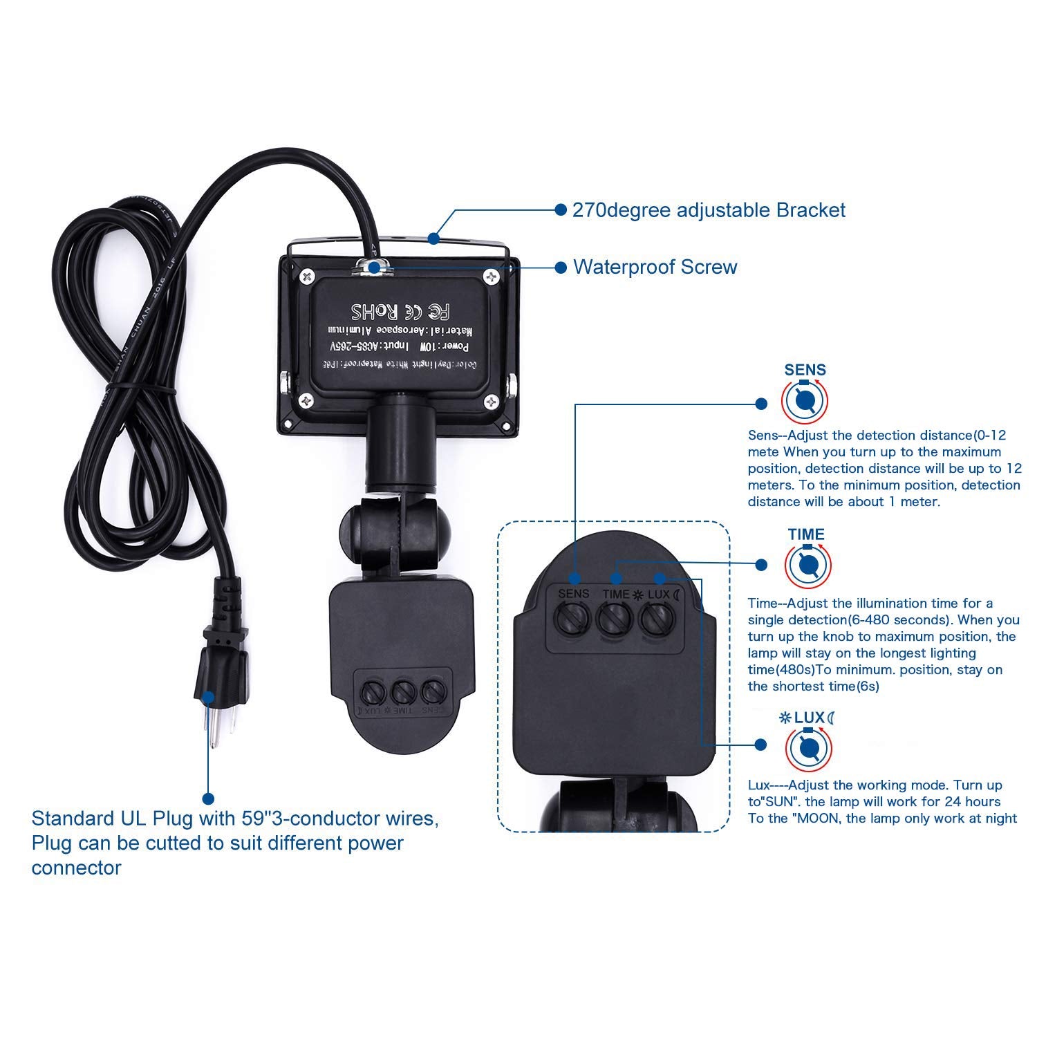 Z Motion Sensor Flood Light, 10W Led, Ip65 Waterproof, Daylight White-Gray, Us 3-Plug