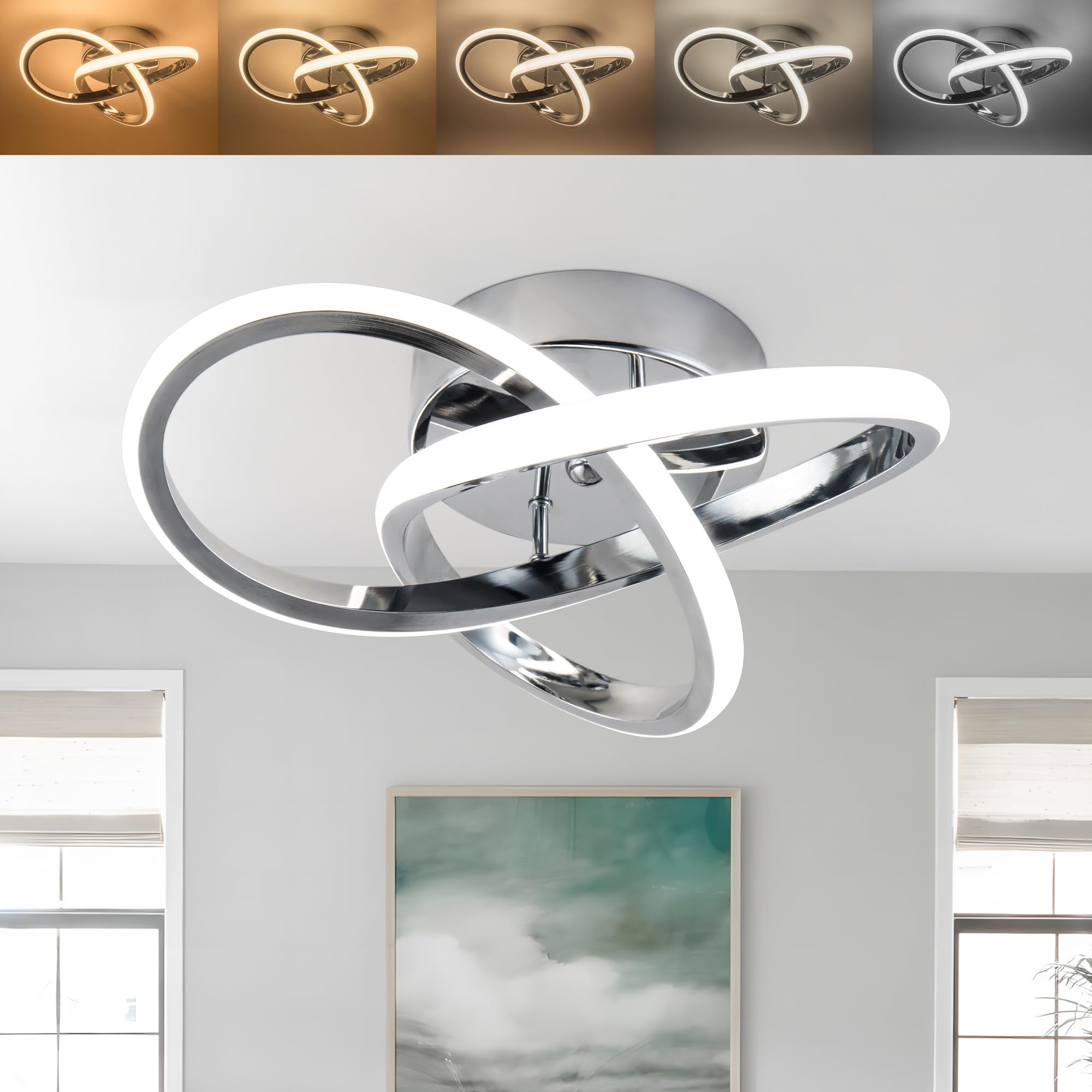 Ajbvp Modern Ceiling Light Fixture, LED Dimmable, Chrome, 20 Watt, 5CCT (2700K-5000K) for Bedrooms, Hallways, Bathrooms